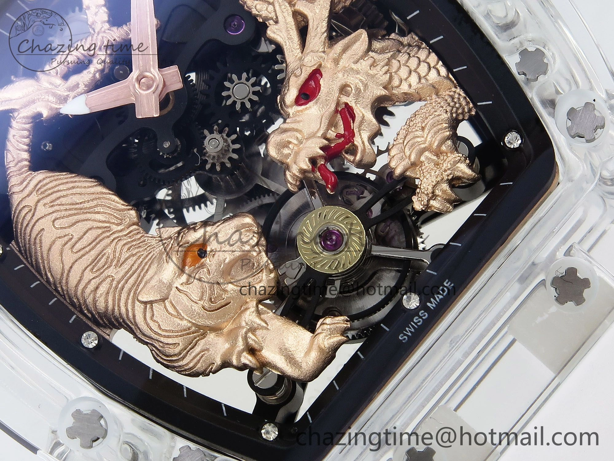 RM51 Transparent Tourbillon RMF Best Edition RG Tiger Dragon Dial on White Rubber Strap