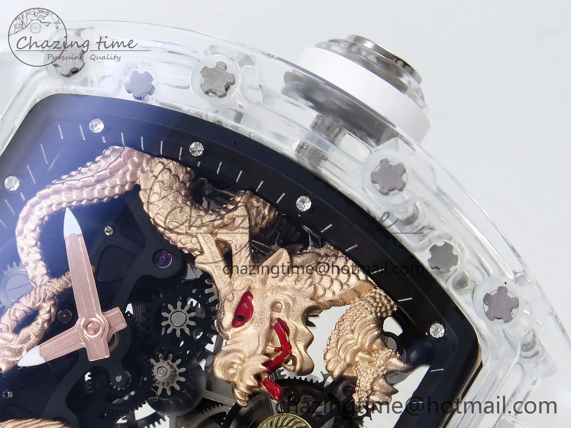RM51 Transparent Tourbillon RMF Best Edition RG Tiger Dragon Dial on White Rubber Strap