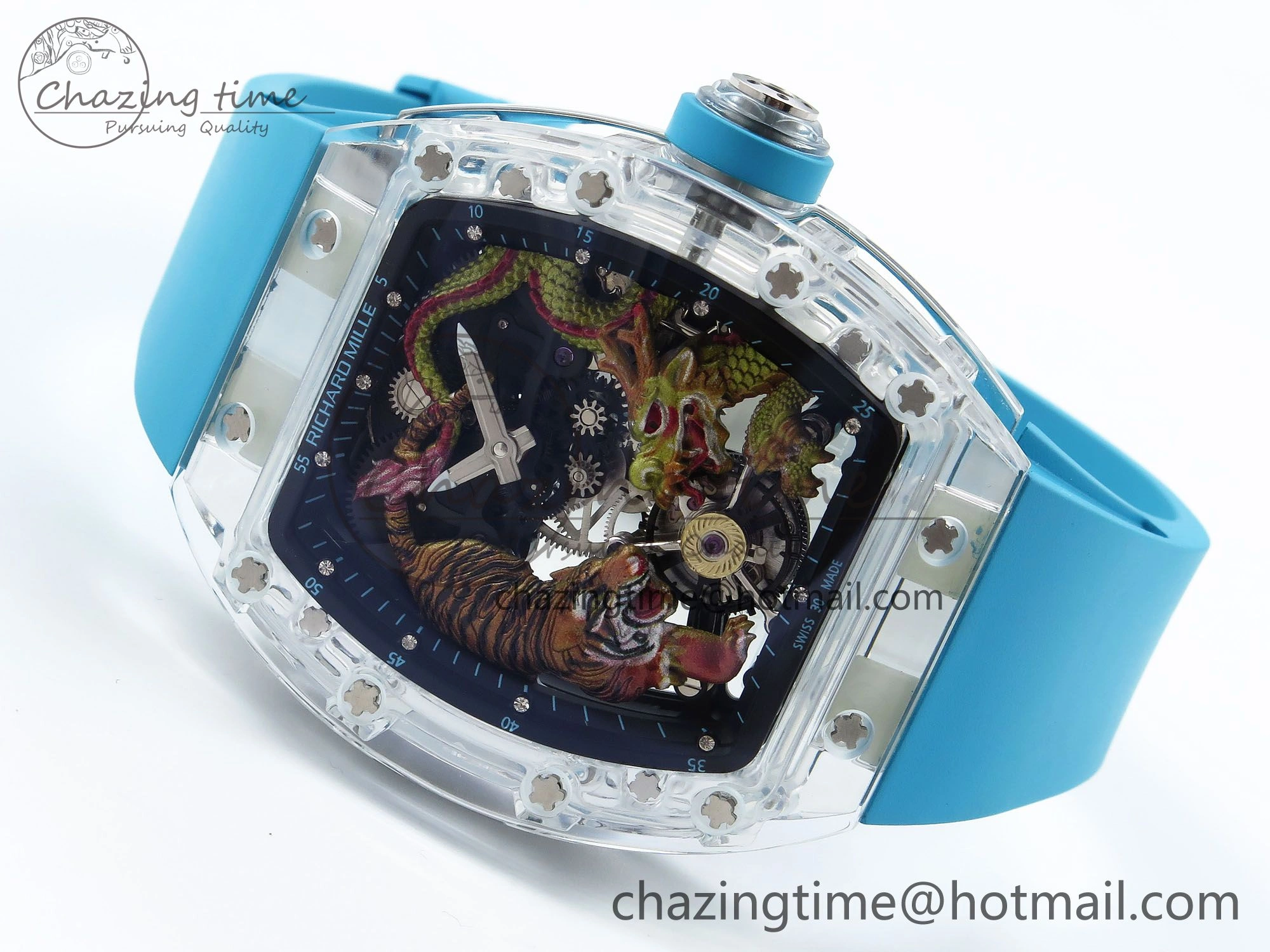 RM51 Transparent Tourbillon RMF Best Edition Tiger Dragon Dial on Blue Rubber Strap