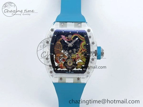 RM51 Transparent Tourbillon RMF Best Edition Tiger Dragon Dial on Blue Rubber Strap