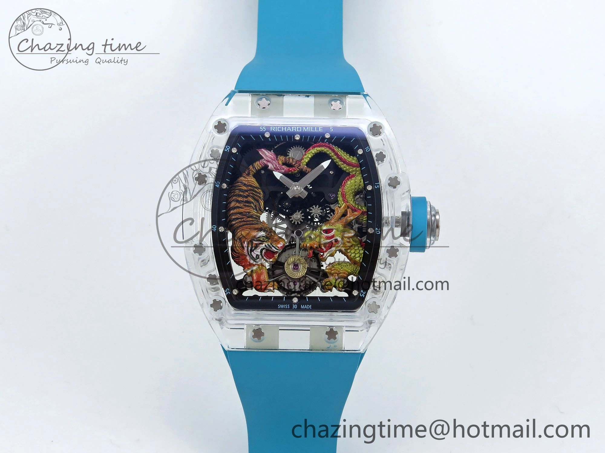 RM51 Transparent Tourbillon RMF Best Edition Tiger Dragon Dial on Blue Rubber Strap