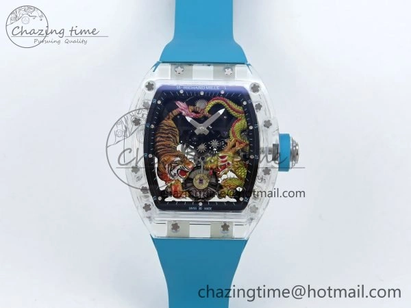 RM51 Transparent Tourbillon RMF Best Edition Tiger Dragon Dial on Blue Rubber Strap