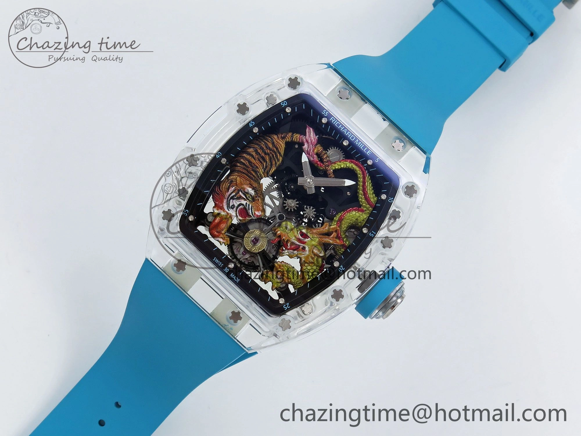 RM51 Transparent Tourbillon RMF Best Edition Tiger Dragon Dial on Blue Rubber Strap