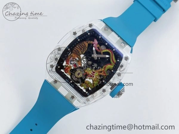 RM51 Transparent Tourbillon RMF Best Edition Tiger Dragon Dial on Blue Rubber Strap