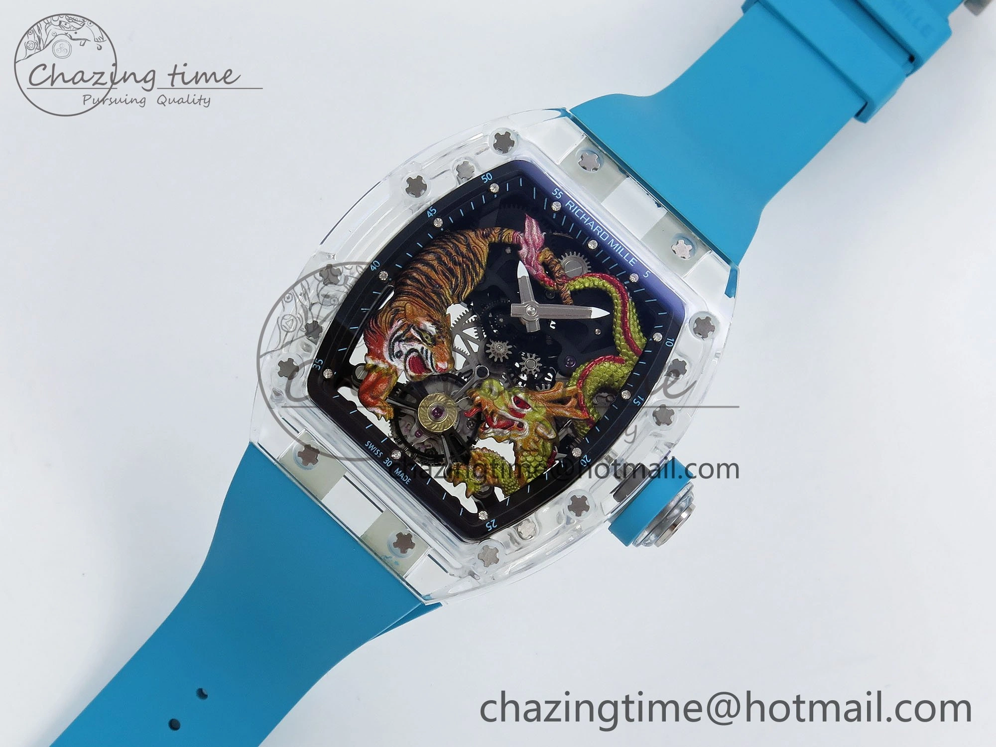 RM51 Transparent Tourbillon RMF Best Edition Tiger Dragon Dial on Blue Rubber Strap