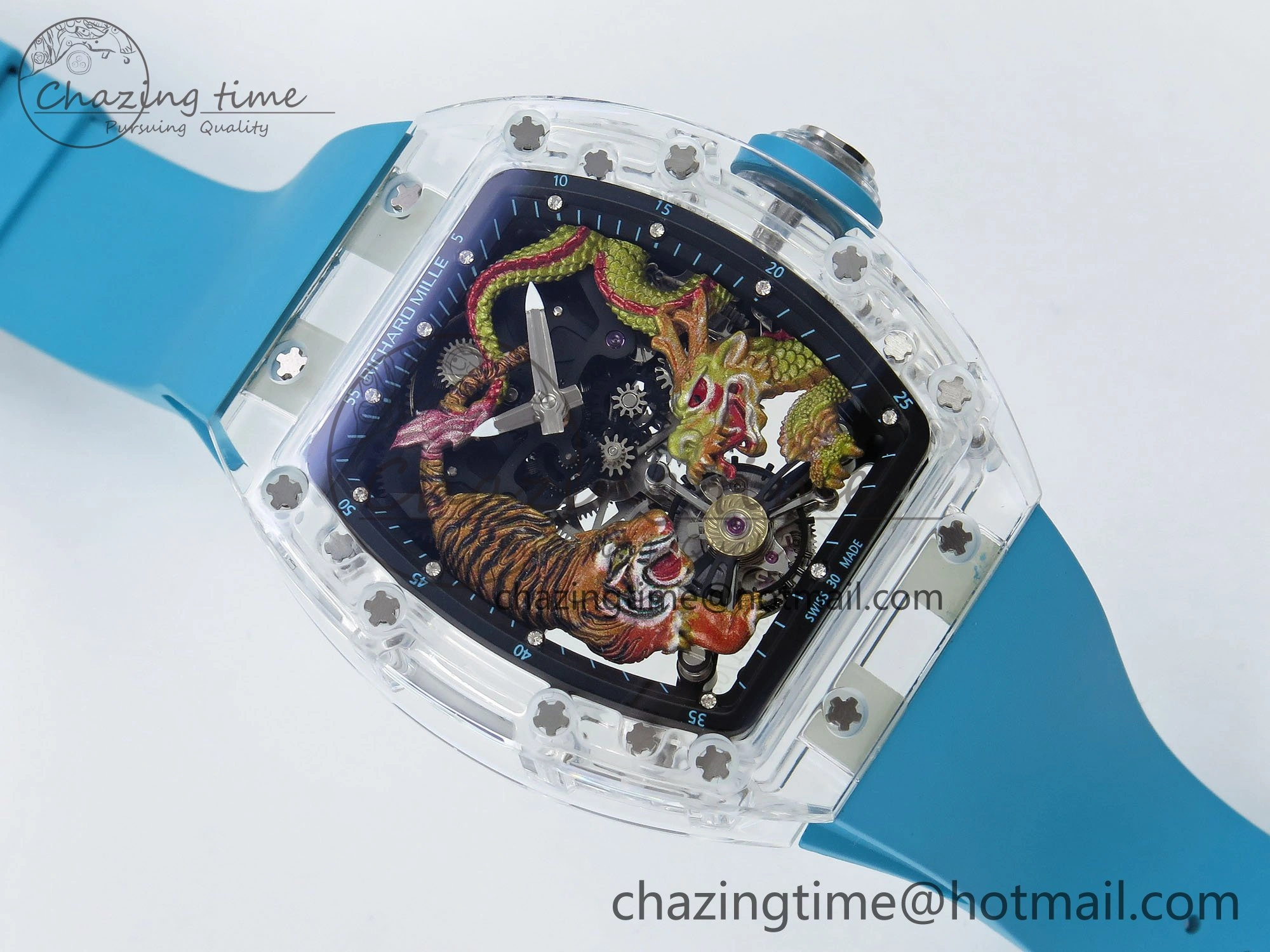RM51 Transparent Tourbillon RMF Best Edition Tiger Dragon Dial on Blue Rubber Strap