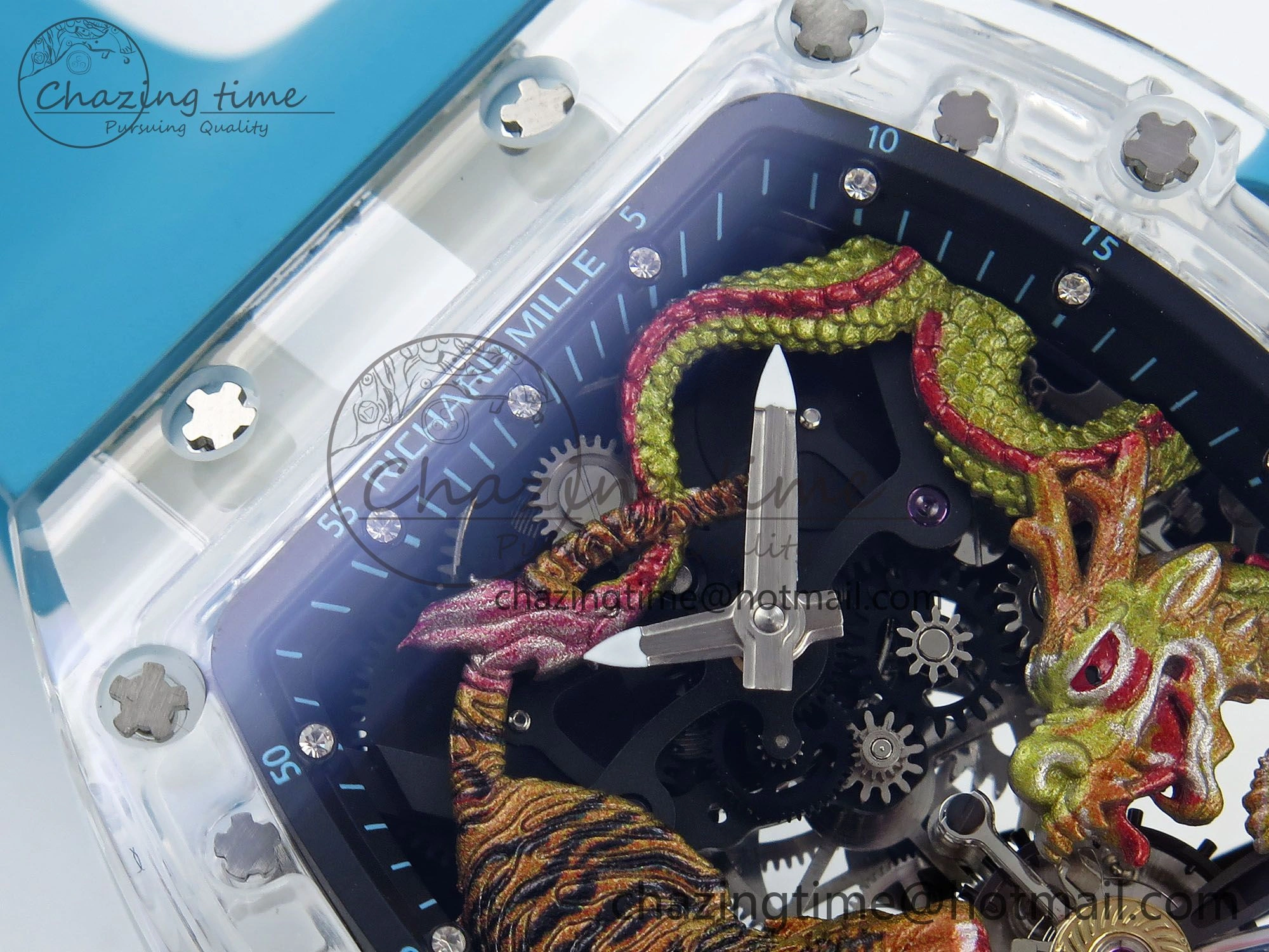 RM51 Transparent Tourbillon RMF Best Edition Tiger Dragon Dial on Blue Rubber Strap