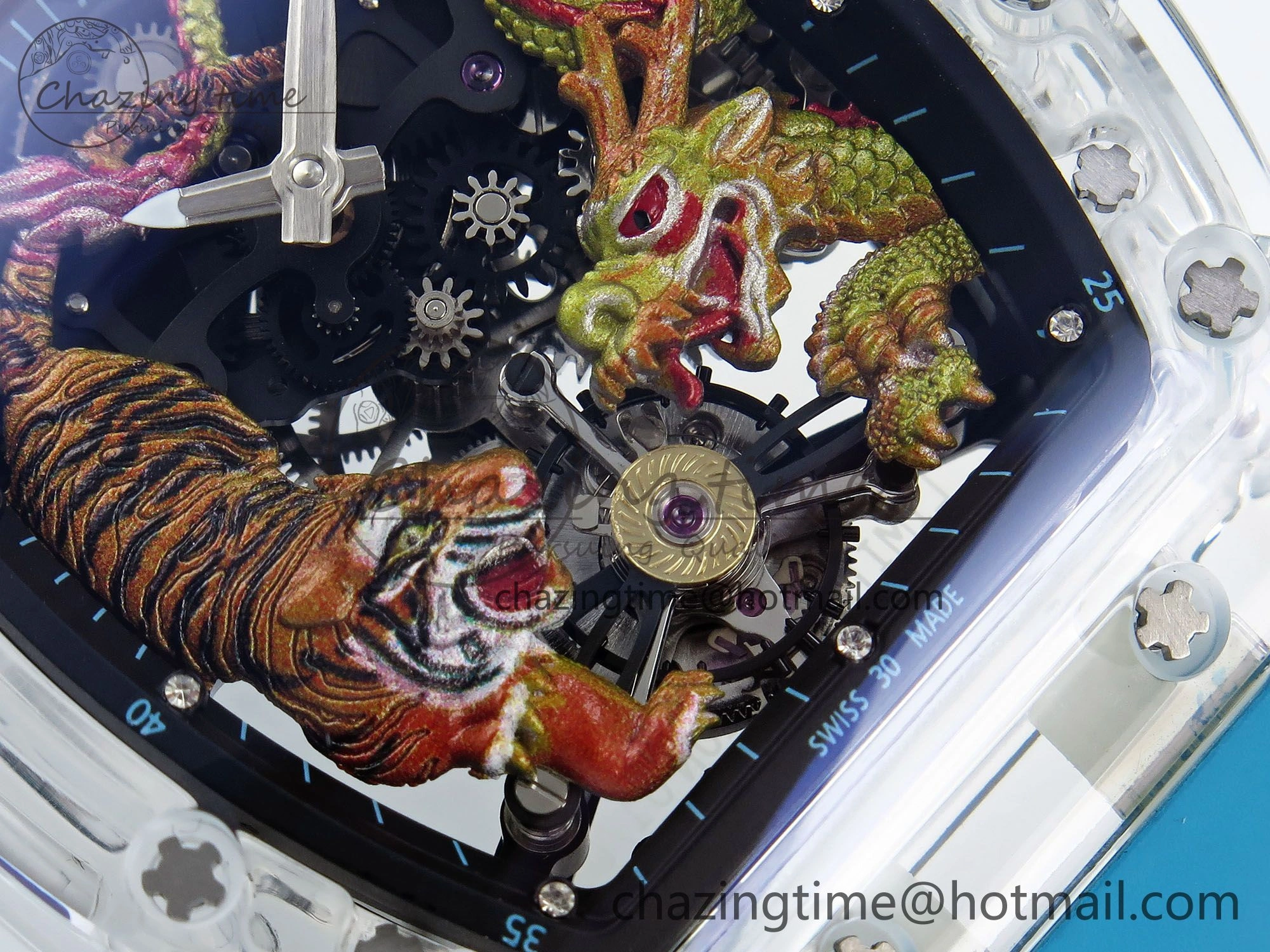 RM51 Transparent Tourbillon RMF Best Edition Tiger Dragon Dial on Blue Rubber Strap