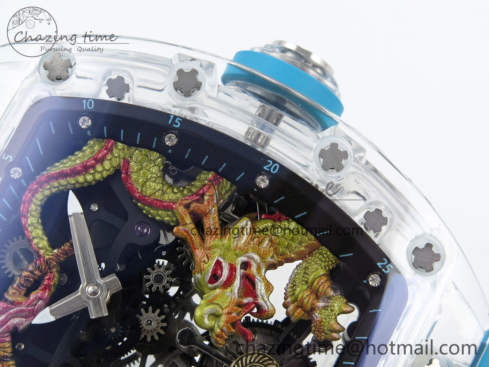 RM51 Transparent Tourbillon RMF Best Edition Tiger Dragon Dial on Blue Rubber Strap
