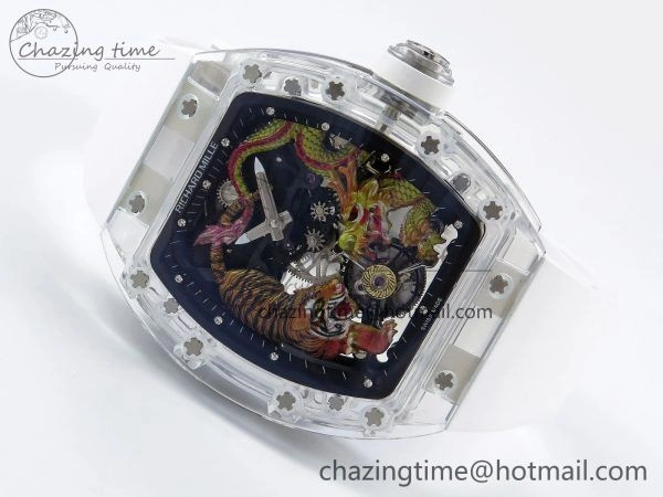 RM51 Transparent Tourbillon RMF Best Edition Tiger Dragon Dial on White Rubber Strap
