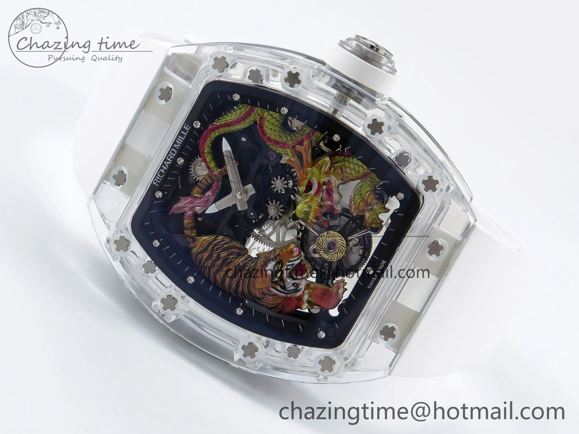 RM51 Transparent Tourbillon RMF Best Edition Tiger Dragon Dial on White Rubber Strap