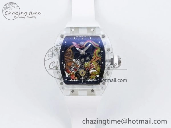 RM51 Transparent Tourbillon RMF Best Edition Tiger Dragon Dial on White Rubber Strap