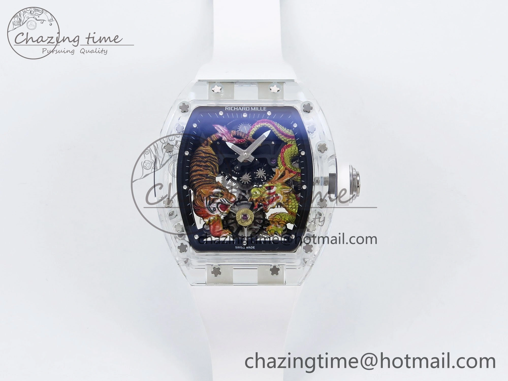 RM51 Transparent Tourbillon RMF Best Edition Tiger Dragon Dial on White Rubber Strap