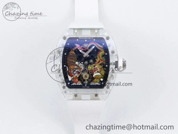 RM51 Transparent Tourbillon RMF Best Edition Tiger Dragon Dial on White Rubber Strap