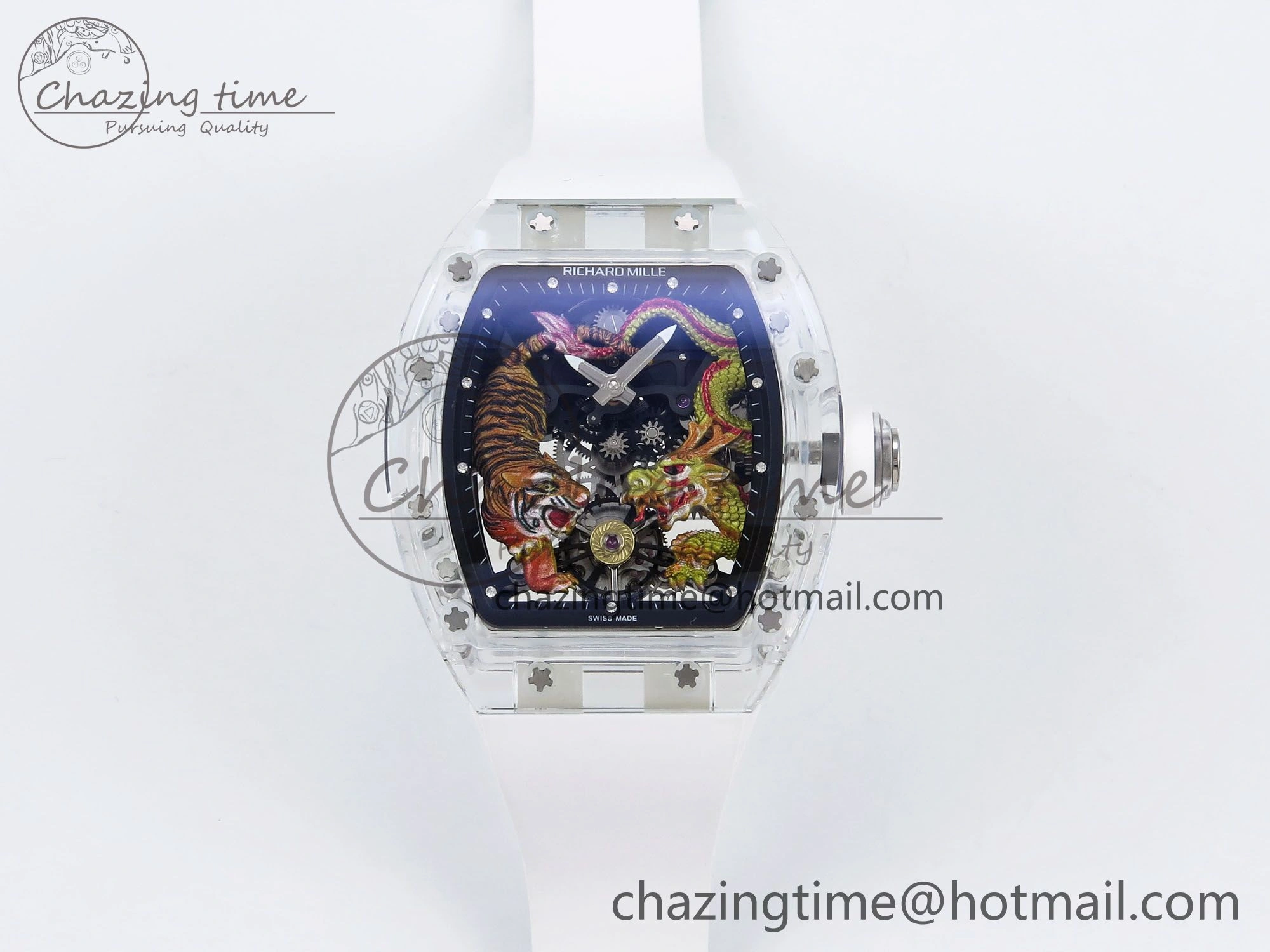 RM51 Transparent Tourbillon RMF Best Edition Tiger Dragon Dial on White Rubber Strap