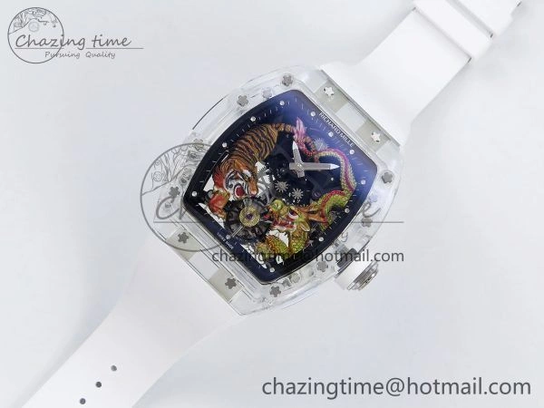 RM51 Transparent Tourbillon RMF Best Edition Tiger Dragon Dial on White Rubber Strap