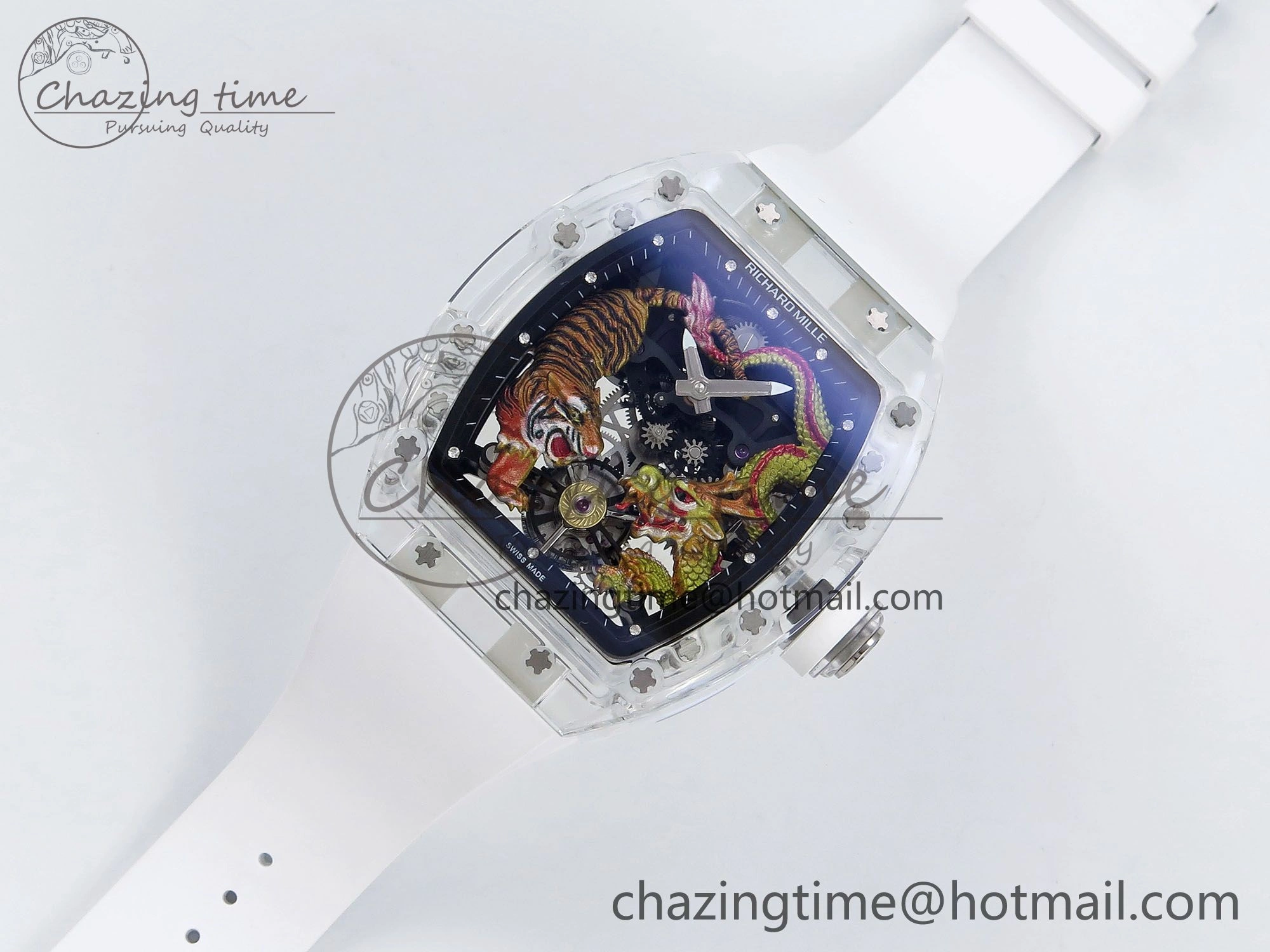 RM51 Transparent Tourbillon RMF Best Edition Tiger Dragon Dial on White Rubber Strap