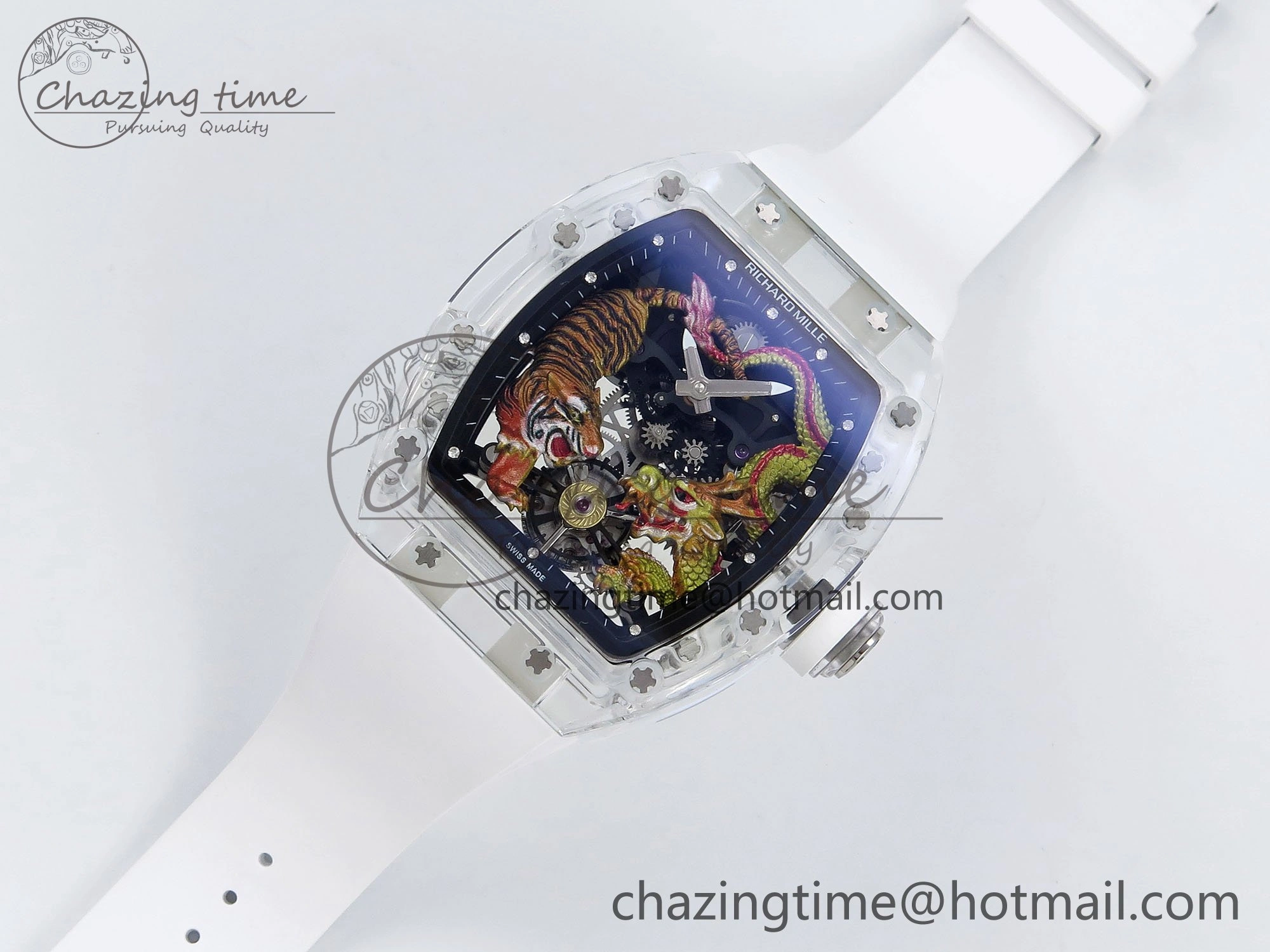 RM51 Transparent Tourbillon RMF Best Edition Tiger Dragon Dial on White Rubber Strap