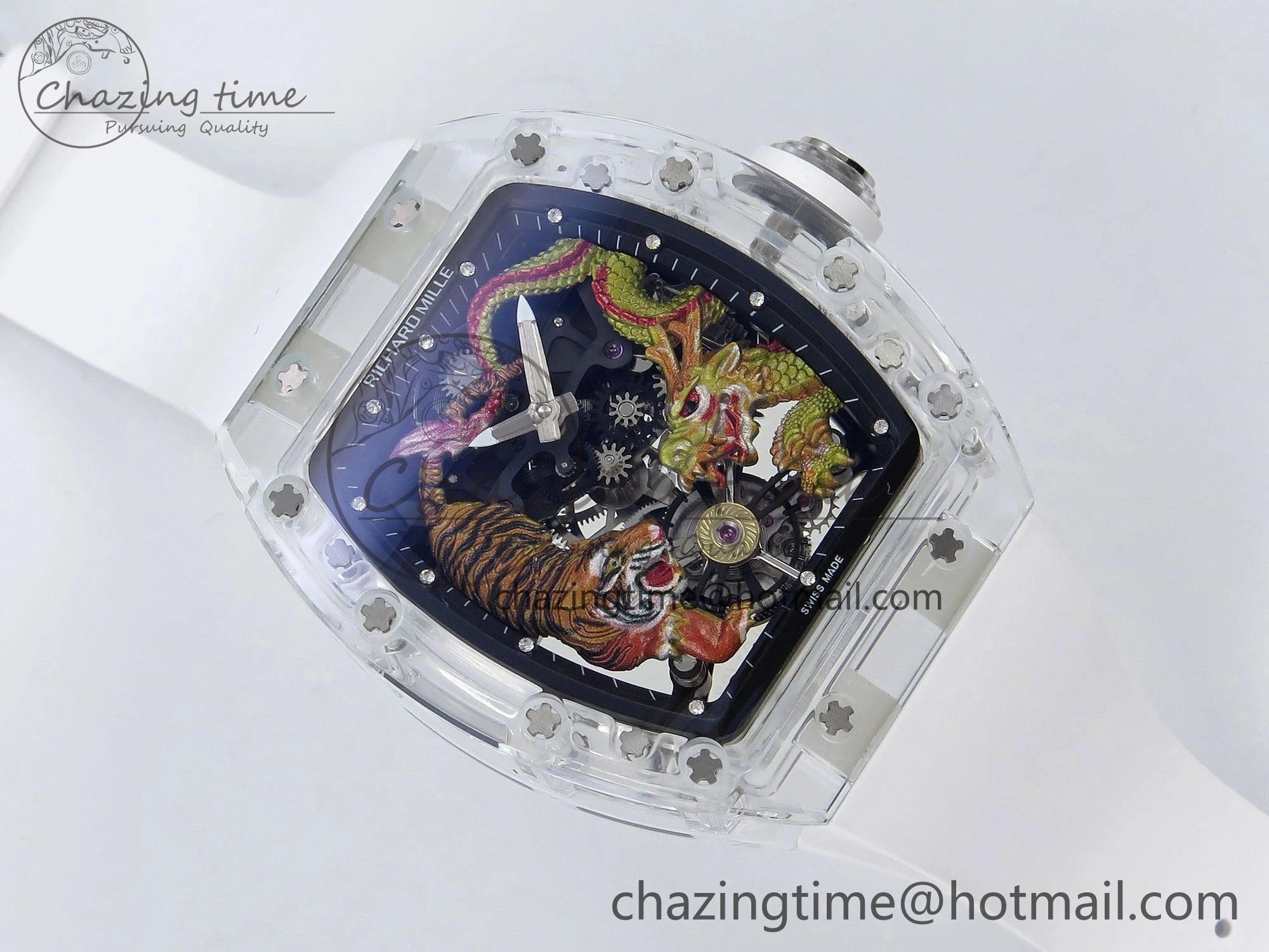 RM51 Transparent Tourbillon RMF Best Edition Tiger Dragon Dial on White Rubber Strap