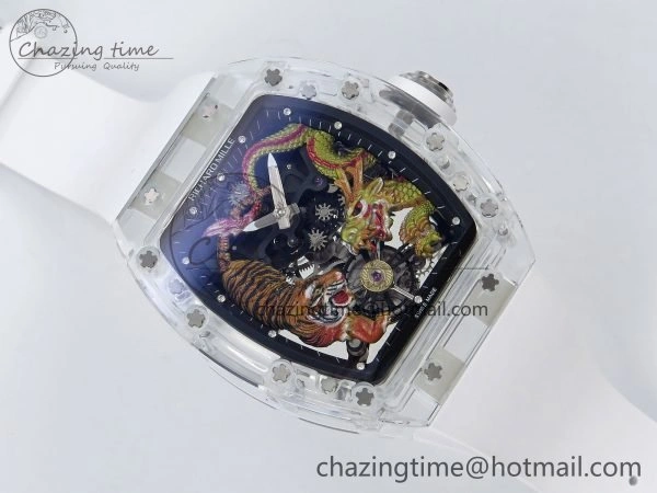 RM51 Transparent Tourbillon RMF Best Edition Tiger Dragon Dial on White Rubber Strap