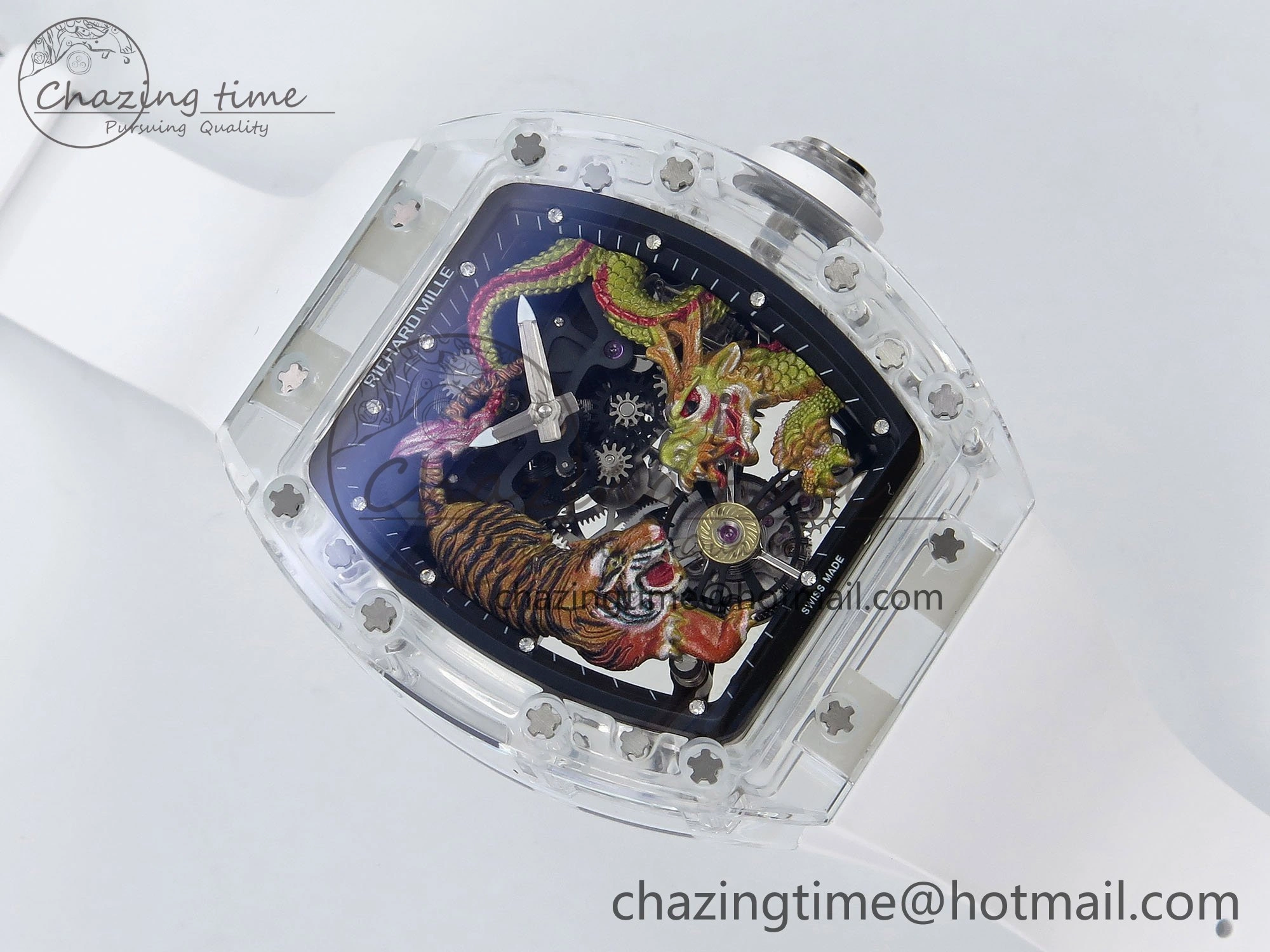 RM51 Transparent Tourbillon RMF Best Edition Tiger Dragon Dial on White Rubber Strap