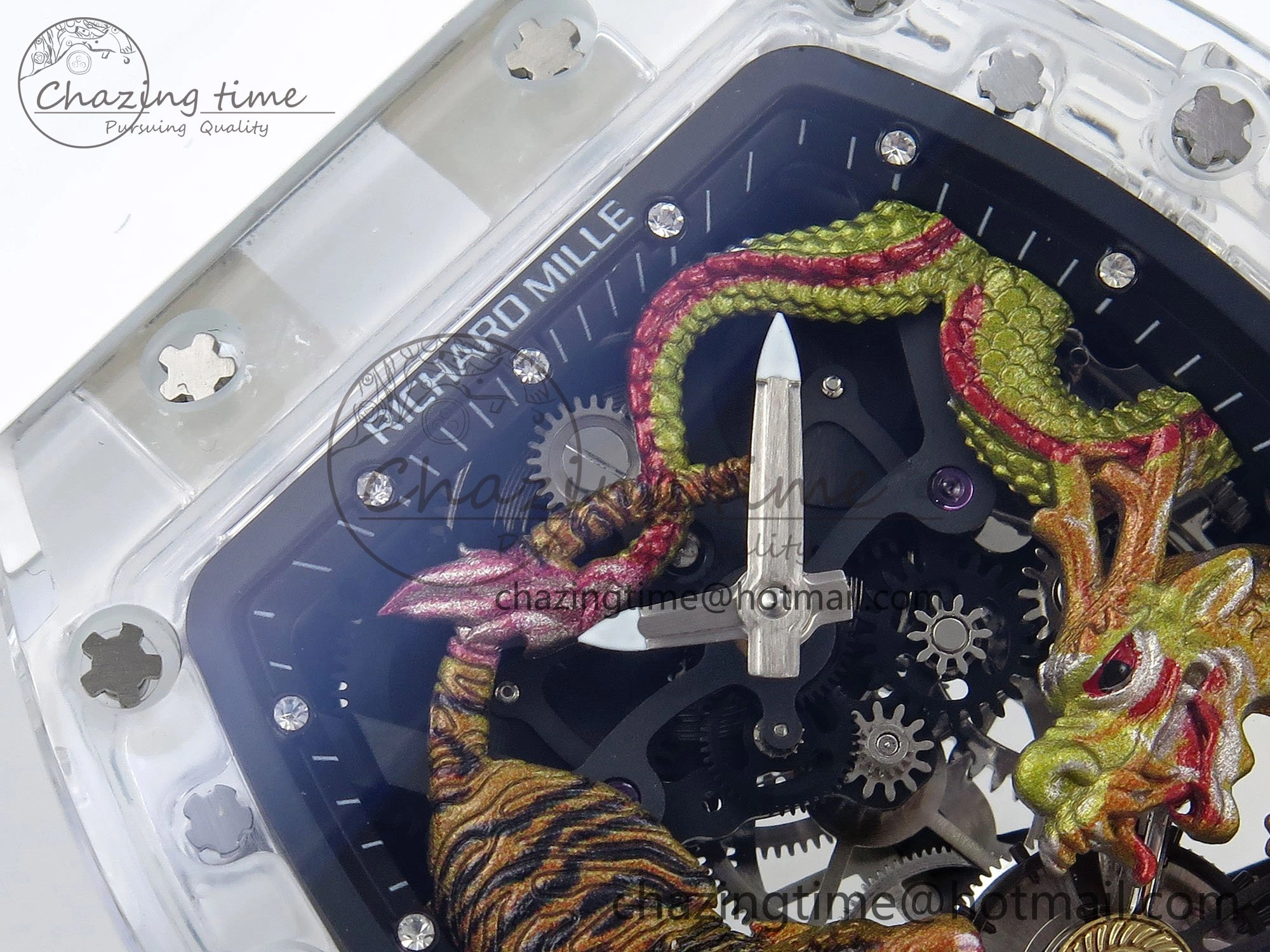 RM51 Transparent Tourbillon RMF Best Edition Tiger Dragon Dial on White Rubber Strap