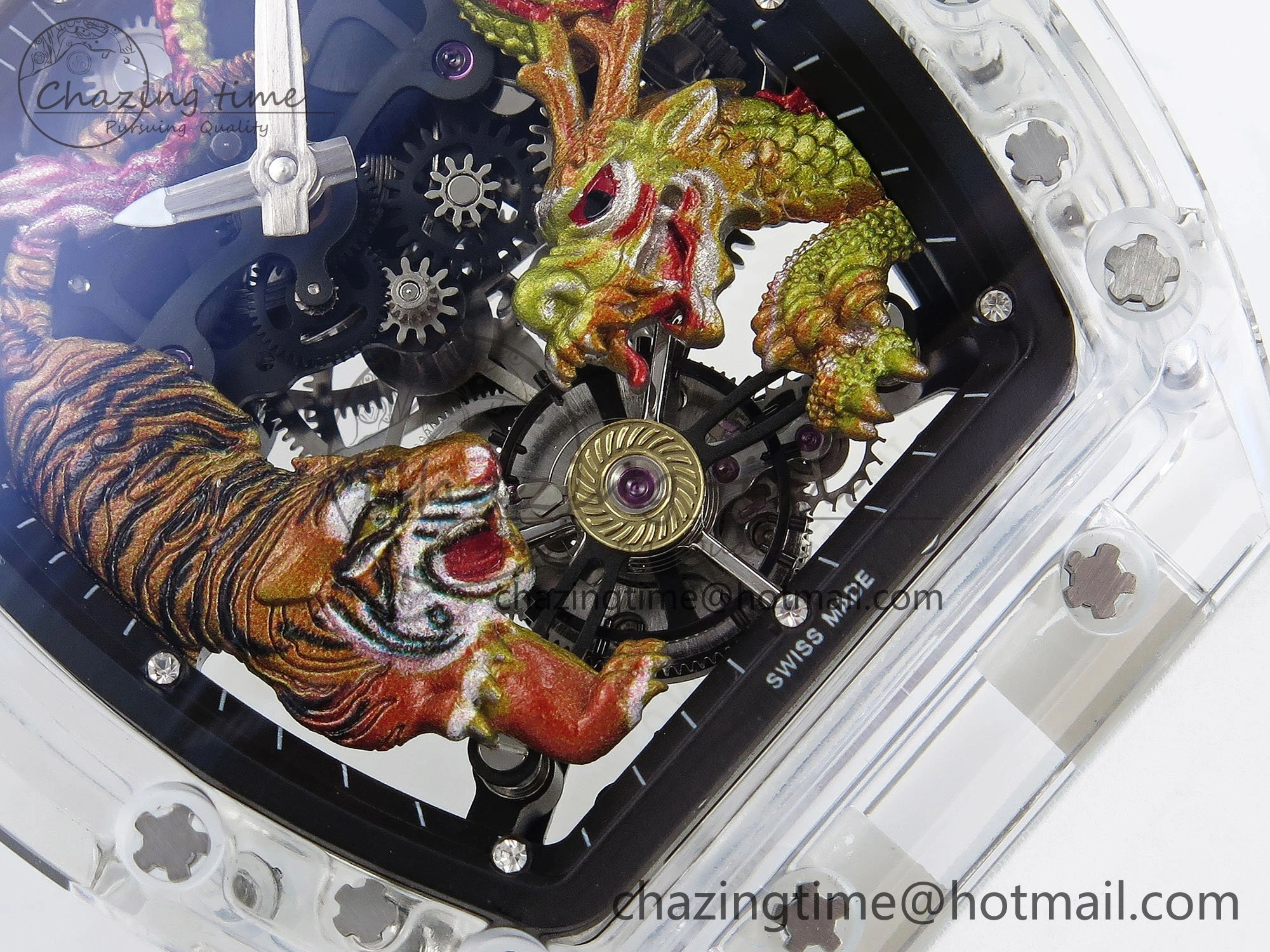 RM51 Transparent Tourbillon RMF Best Edition Tiger Dragon Dial on White Rubber Strap