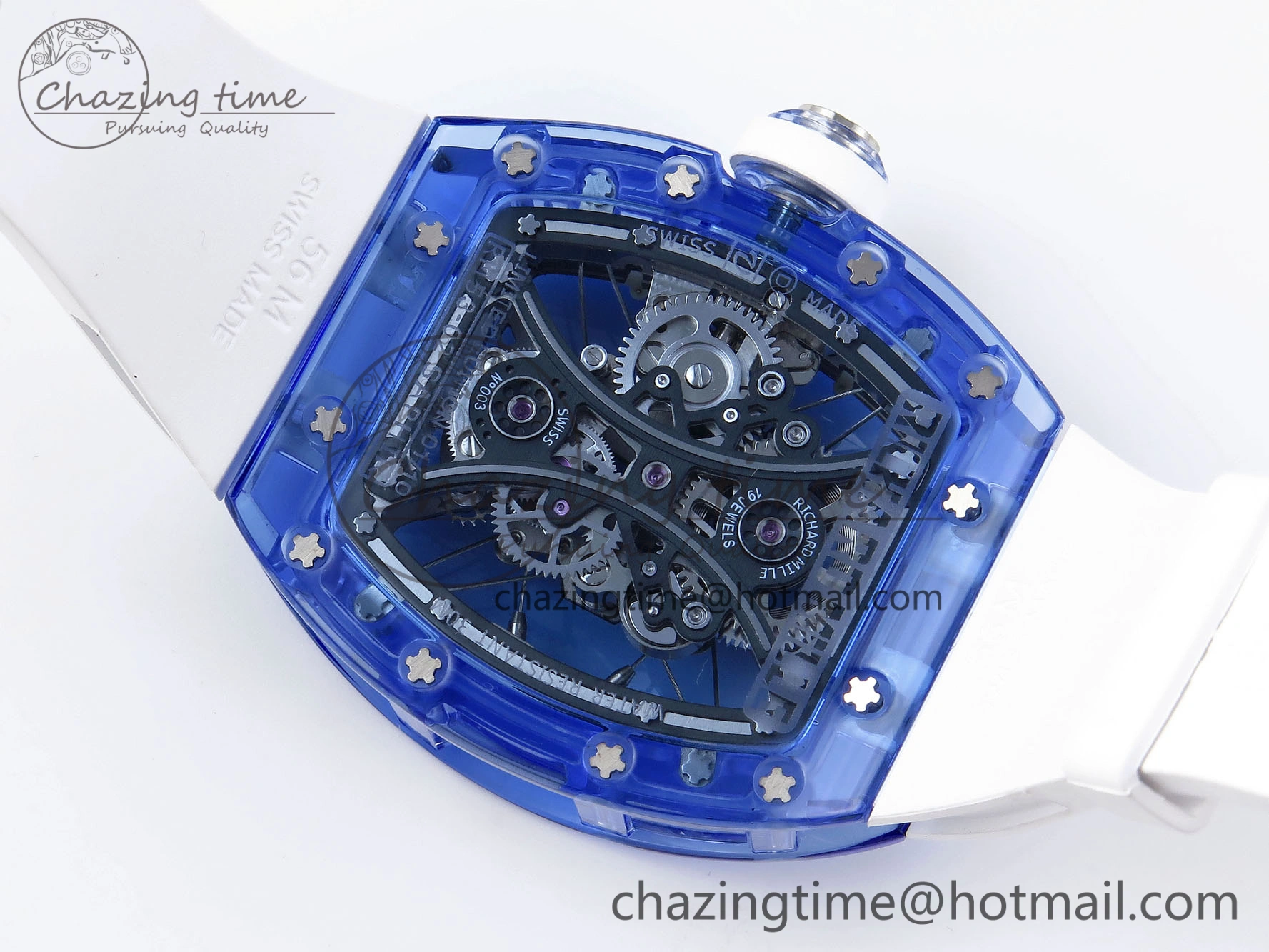 RM53-02 BLUE TRANSPARENT TOURBILLON RMF BEST EDITION SKELETON DIAL ON WHITE RUBBER STRAP V2