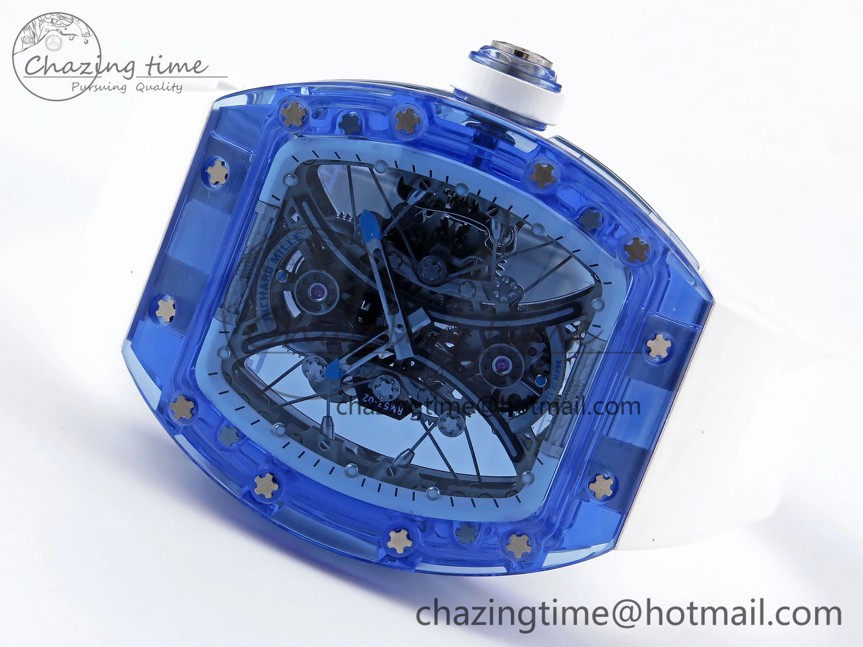 RM53-02 BLUE TRANSPARENT TOURBILLON RMF BEST EDITION SKELETON DIAL ON WHITE RUBBER STRAP V2