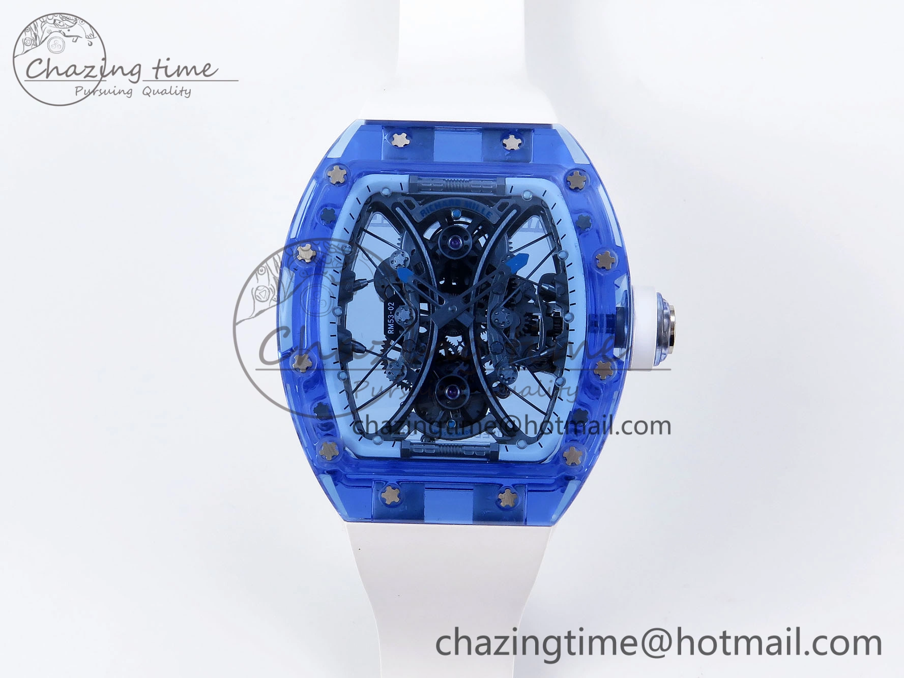 RM53-02 BLUE TRANSPARENT TOURBILLON RMF BEST EDITION SKELETON DIAL ON WHITE RUBBER STRAP V2