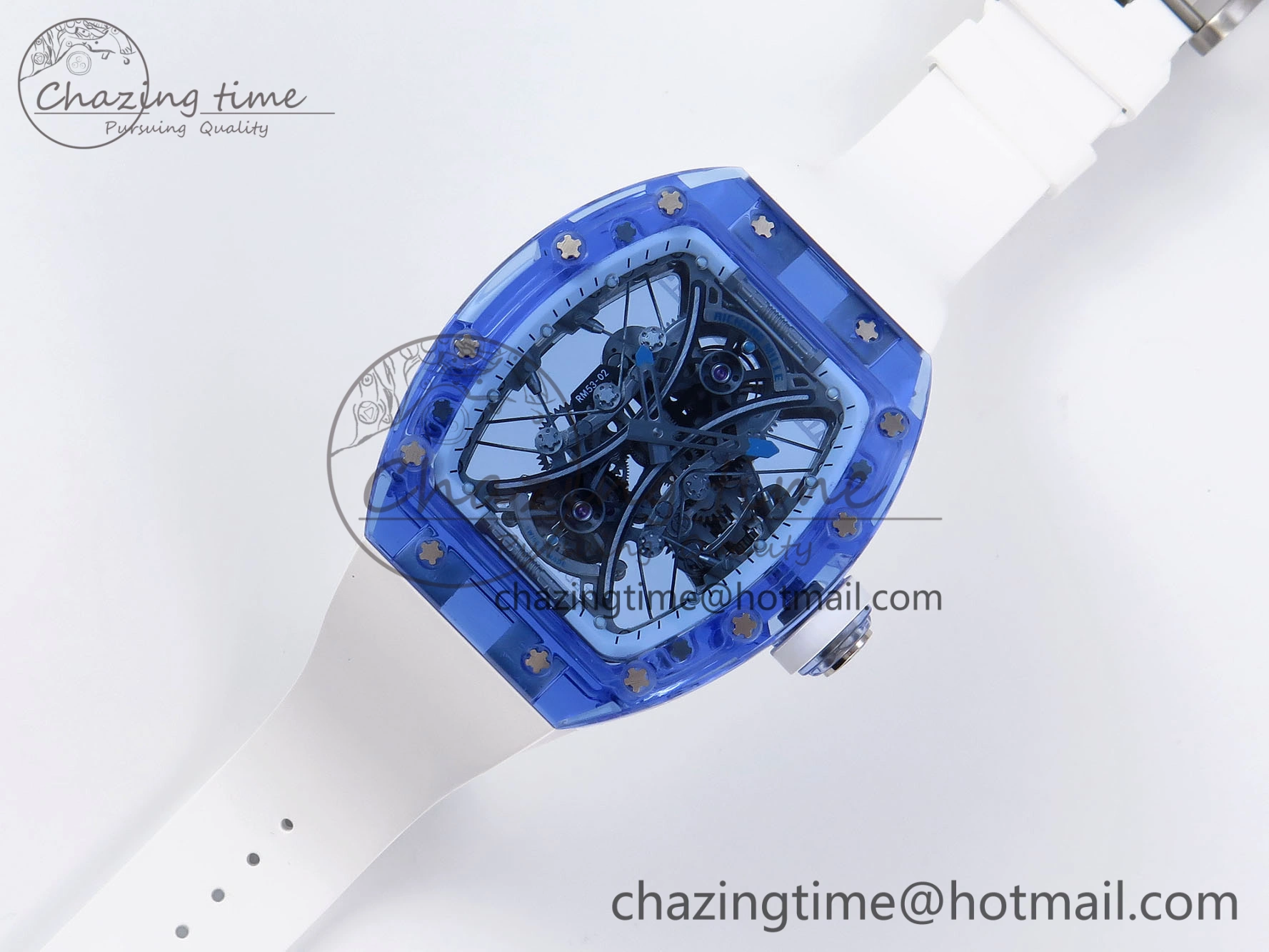 RM53-02 BLUE TRANSPARENT TOURBILLON RMF BEST EDITION SKELETON DIAL ON WHITE RUBBER STRAP V2