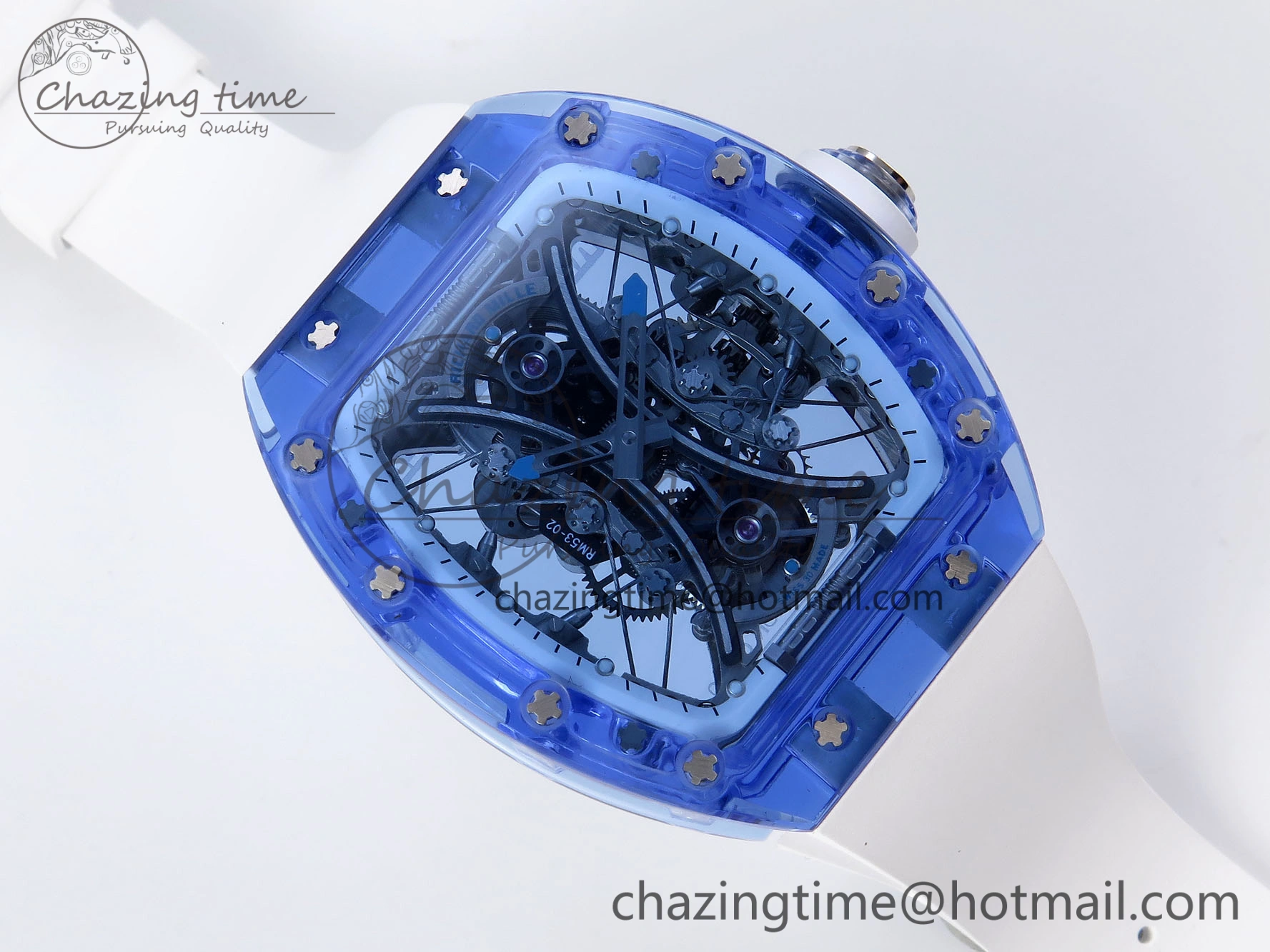 RM53-02 BLUE TRANSPARENT TOURBILLON RMF BEST EDITION SKELETON DIAL ON WHITE RUBBER STRAP V2