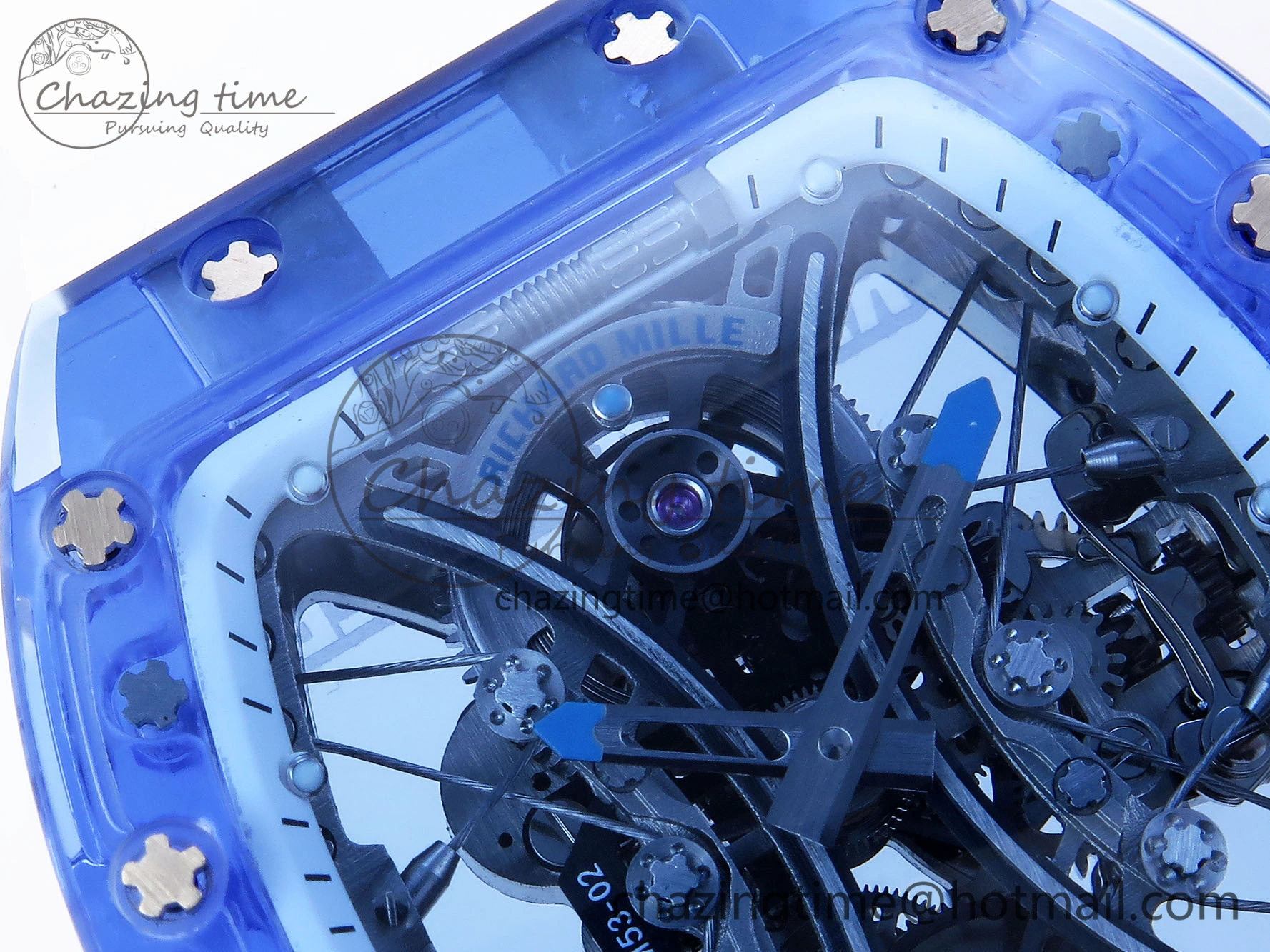 RM53-02 BLUE TRANSPARENT TOURBILLON RMF BEST EDITION SKELETON DIAL ON WHITE RUBBER STRAP V2