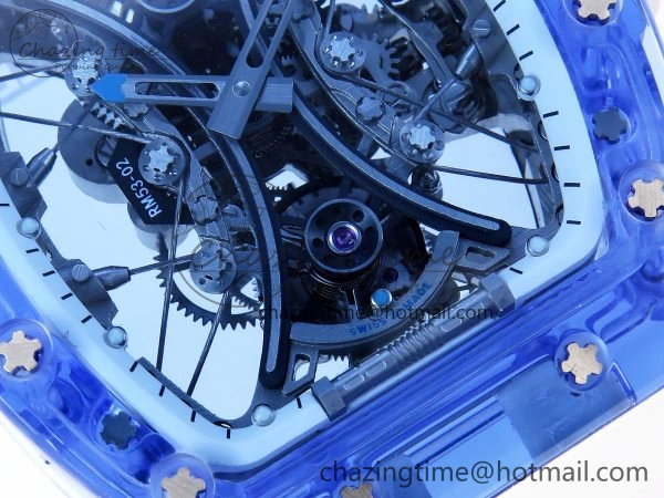 RM53-02 BLUE TRANSPARENT TOURBILLON RMF BEST EDITION SKELETON DIAL ON WHITE RUBBER STRAP V2