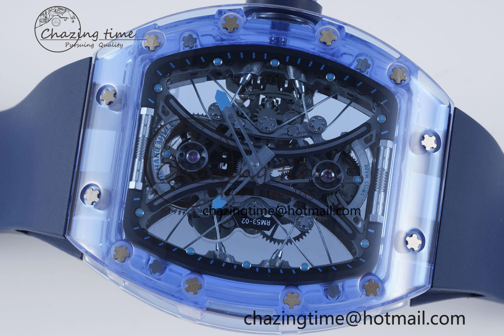 RM53-02 Blue Transparent Tourbillon RMF Best Edition Skeleton Dial on Blue Rubber Strap