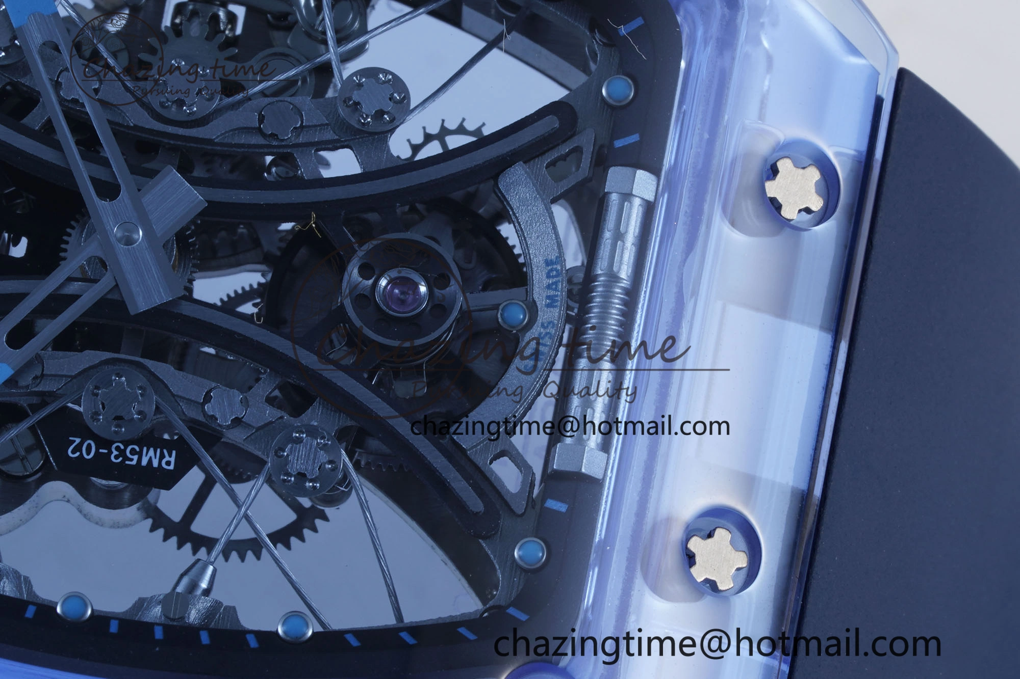 RM53-02 Blue Transparent Tourbillon RMF Best Edition Skeleton Dial on Blue Rubber Strap