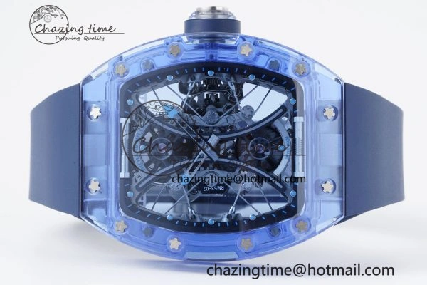 RM53-02 Blue Transparent Tourbillon RMF Best Edition Skeleton Dial on Blue Rubber Strap