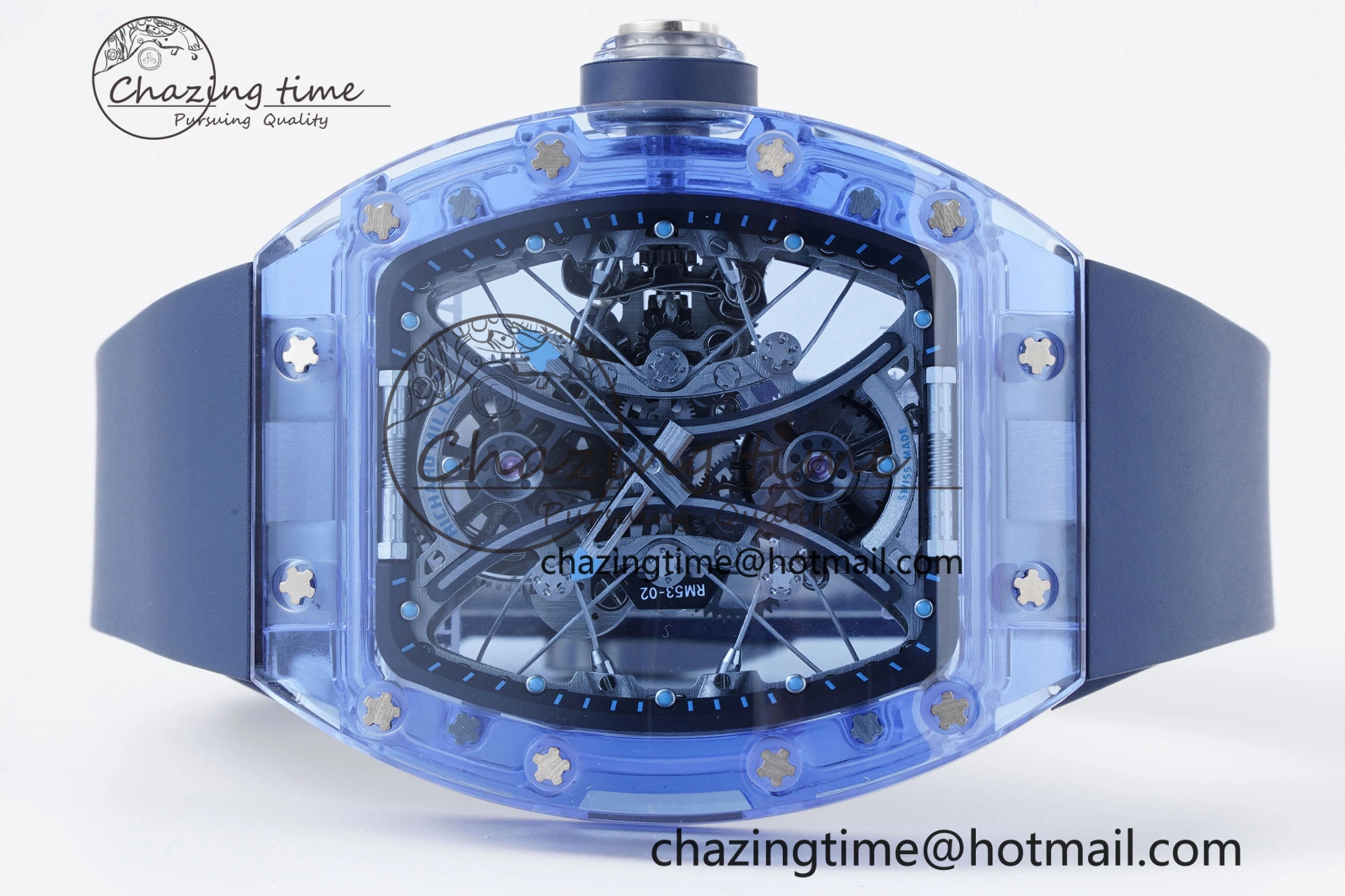 RM53-02 Blue Transparent Tourbillon RMF Best Edition Skeleton Dial on Blue Rubber Strap