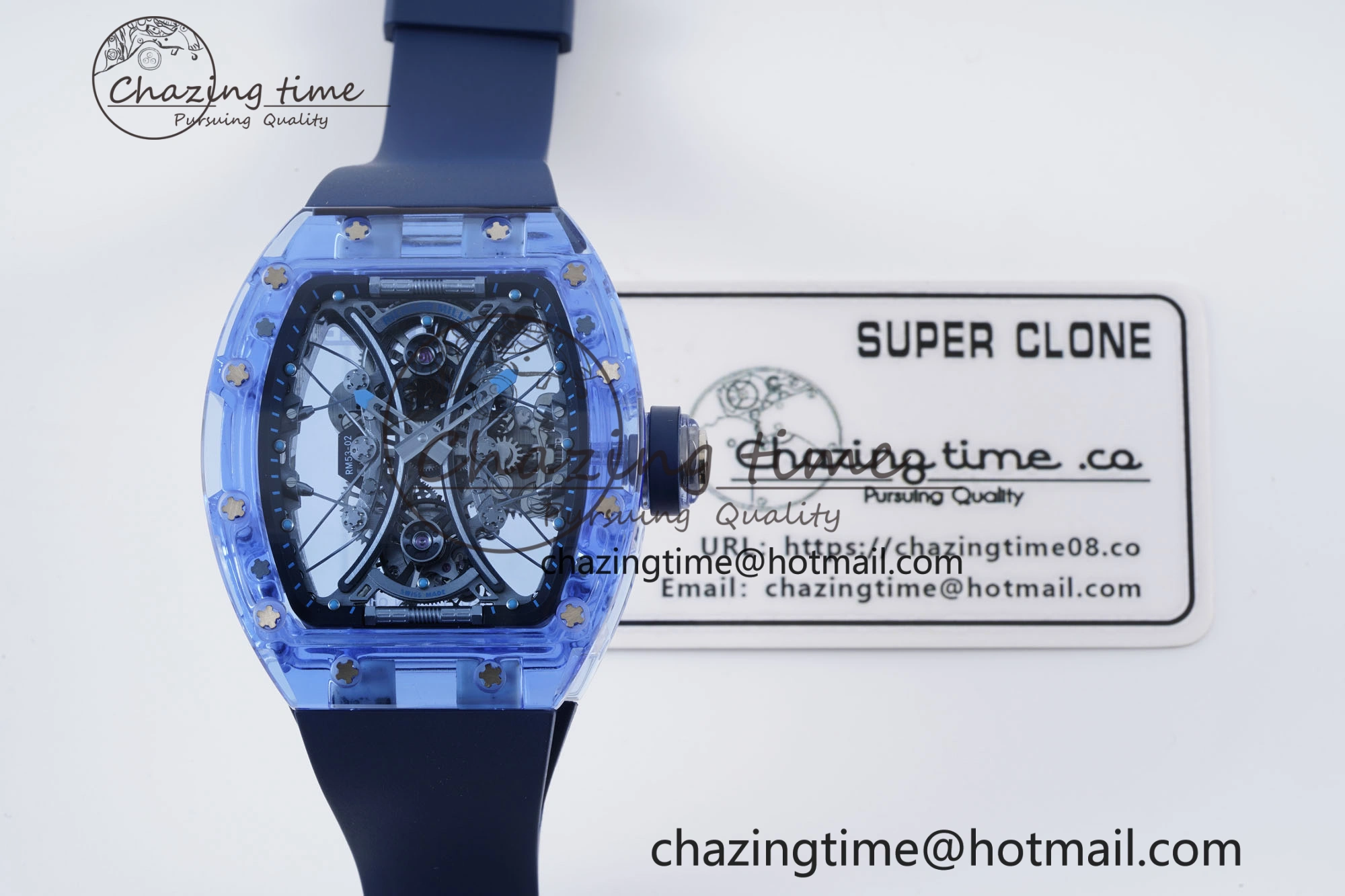 RM53-02 Blue Transparent Tourbillon RMF Best Edition Skeleton Dial on Blue Rubber Strap