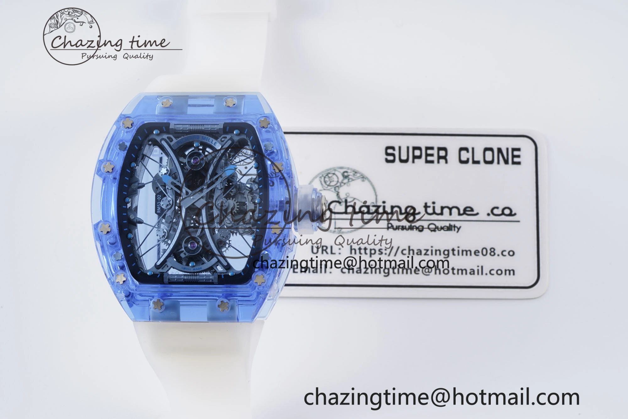 RM53-02 Blue Transparent Tourbillon RMF Best Edition Skeleton Dial on Transparent Rubber Strap