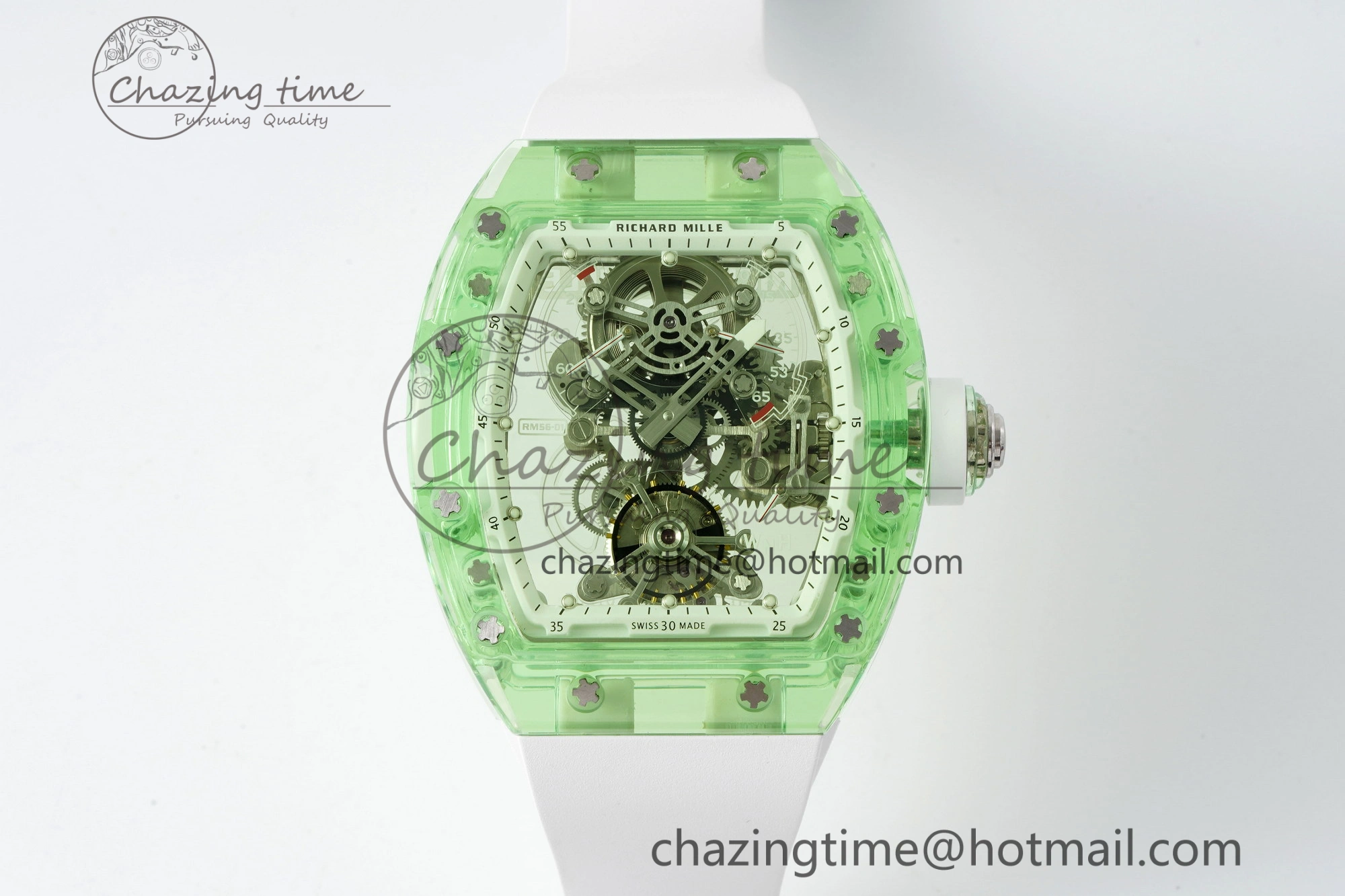 RM56-01 Green Transparent Tourbillon RMF Best Edition Skeleton Dial on White Rubber Strap