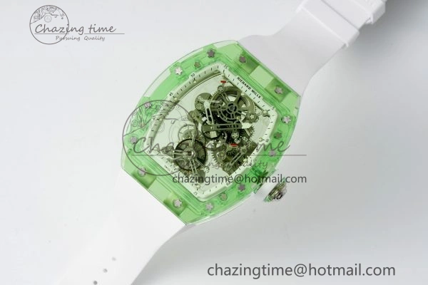 RM56-01 Green Transparent Tourbillon RMF Best Edition Skeleton Dial on White Rubber Strap