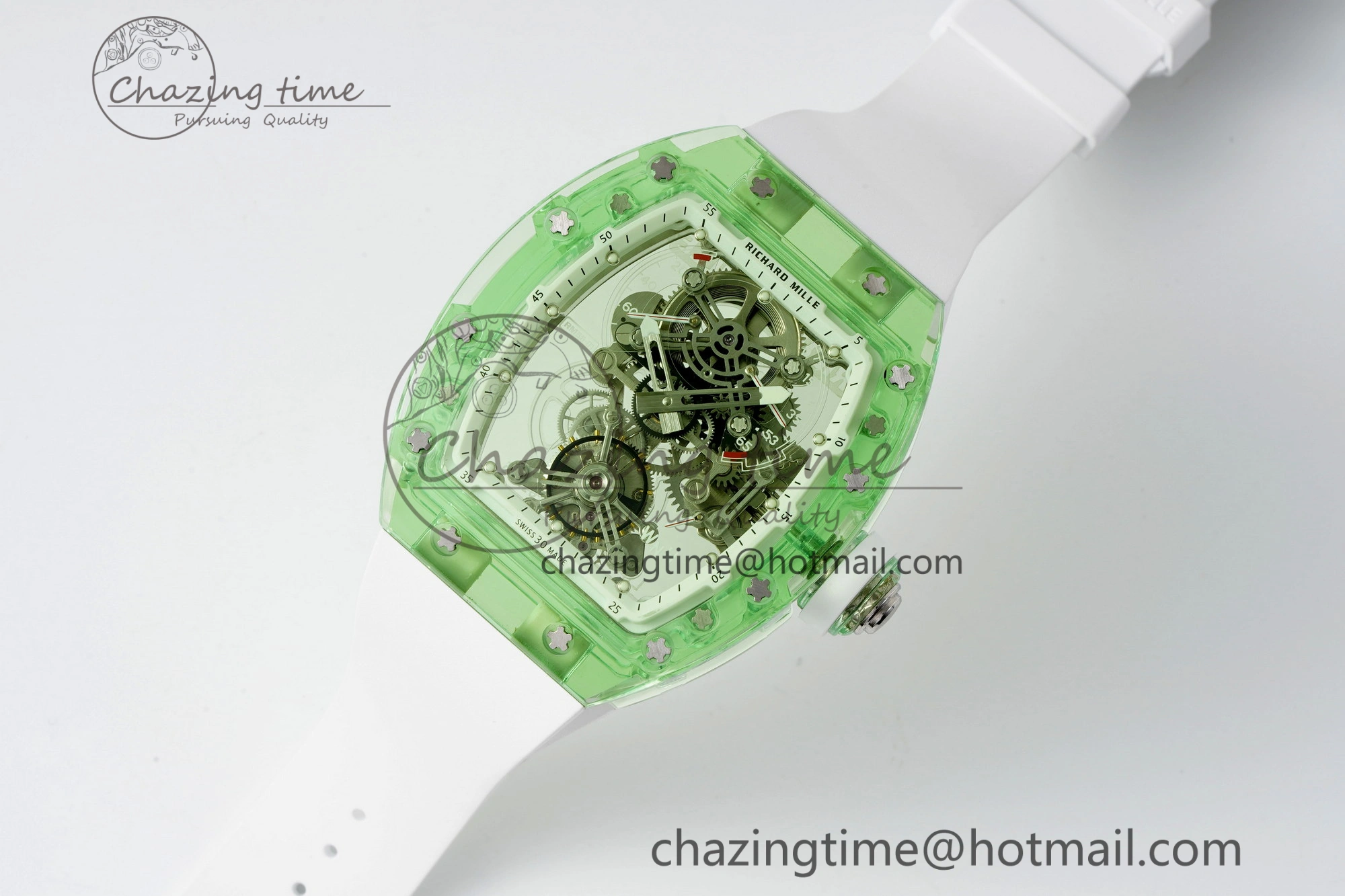 RM56-01 Green Transparent Tourbillon RMF Best Edition Skeleton Dial on White Rubber Strap