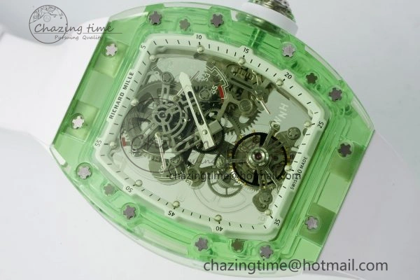RM56-01 Green Transparent Tourbillon RMF Best Edition Skeleton Dial on White Rubber Strap