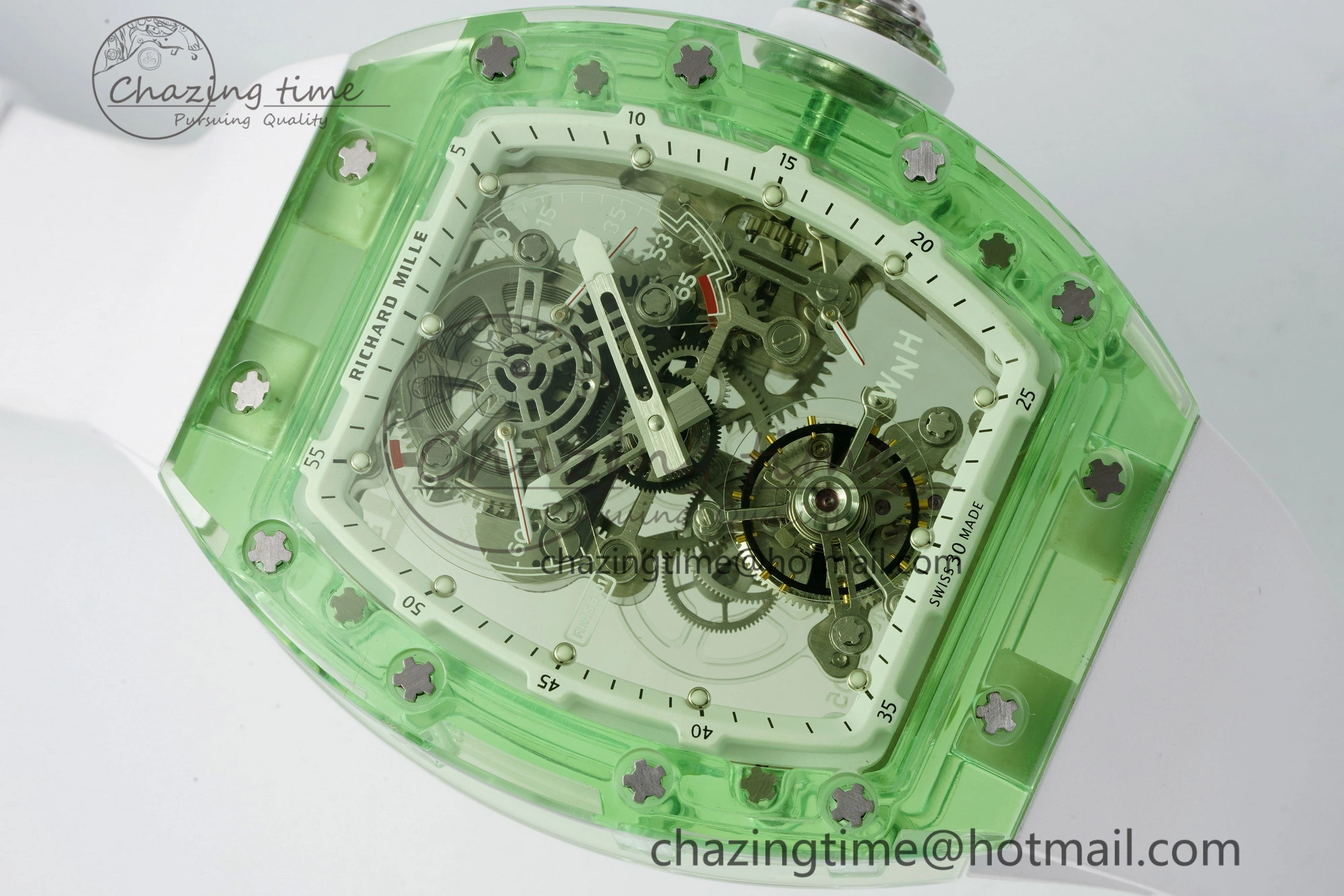 RM56-01 Green Transparent Tourbillon RMF Best Edition Skeleton Dial on White Rubber Strap