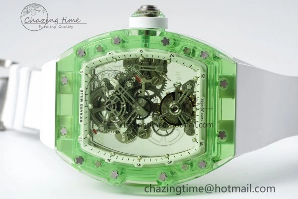 RM56-01 Green Transparent Tourbillon RMF Best Edition Skeleton Dial on White Rubber Strap