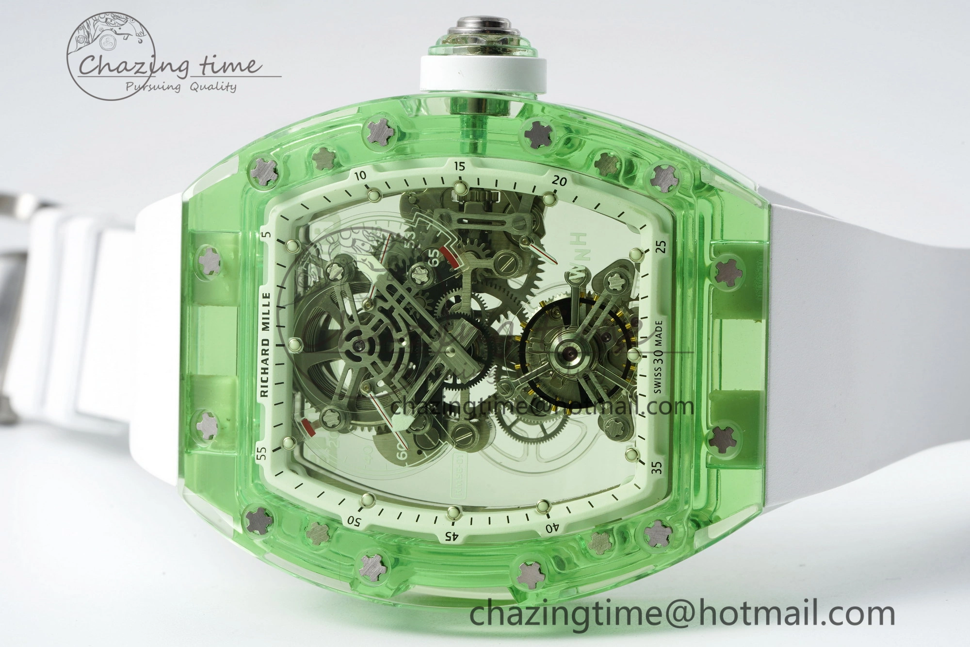 RM56-01 Green Transparent Tourbillon RMF Best Edition Skeleton Dial on White Rubber Strap