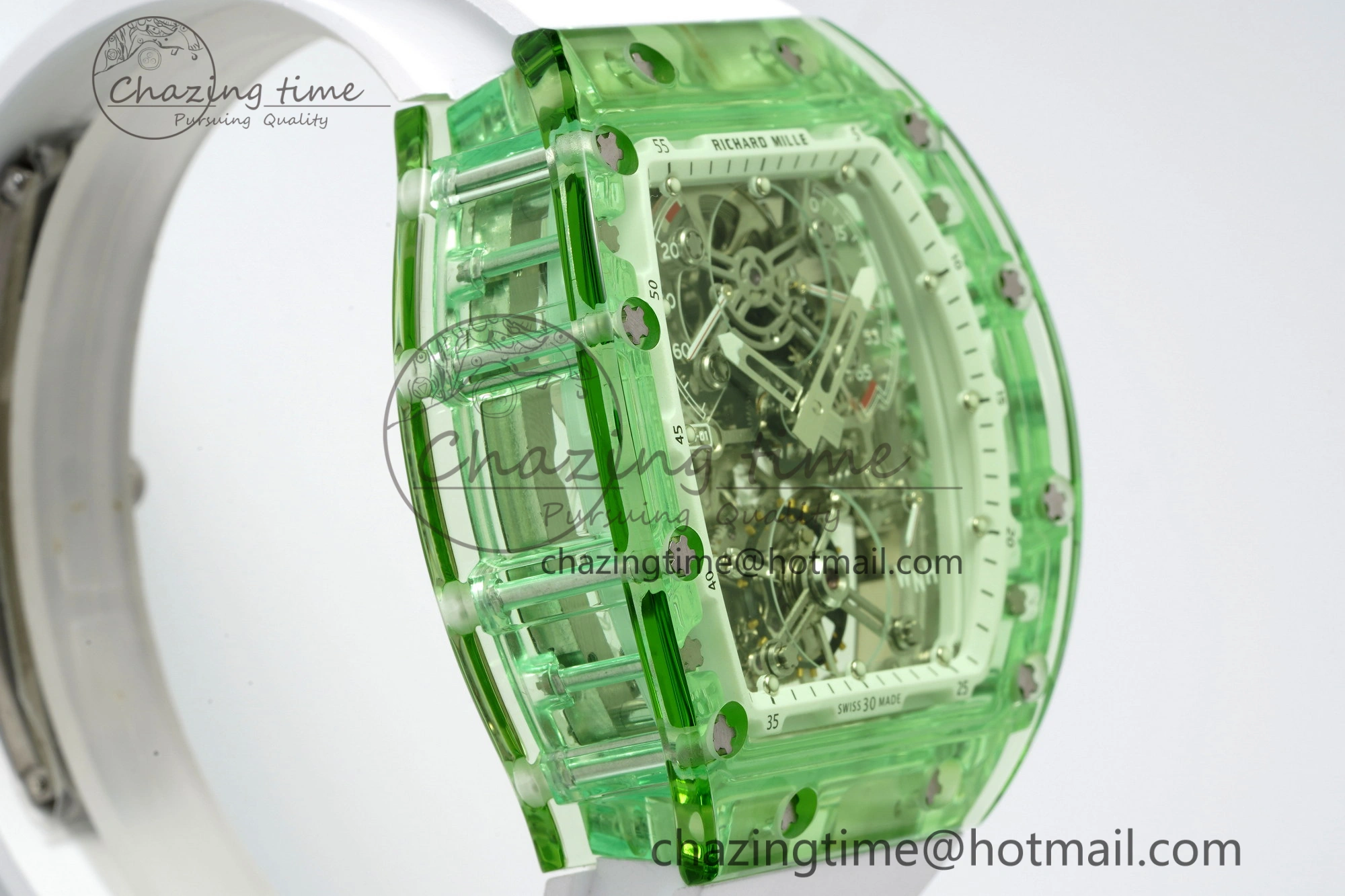 RM56-01 Green Transparent Tourbillon RMF Best Edition Skeleton Dial on White Rubber Strap