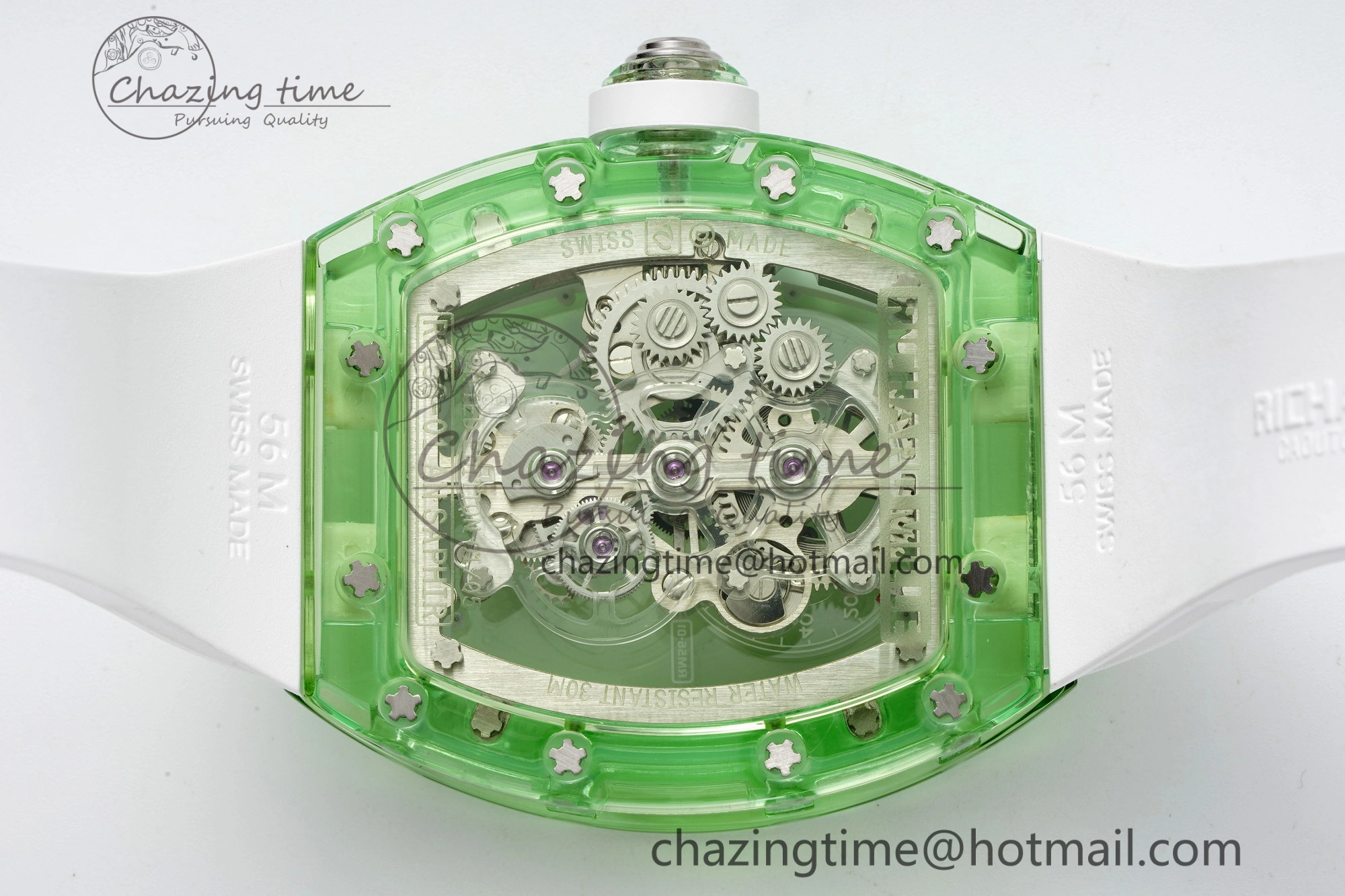RM56-01 Green Transparent Tourbillon RMF Best Edition Skeleton Dial on White Rubber Strap