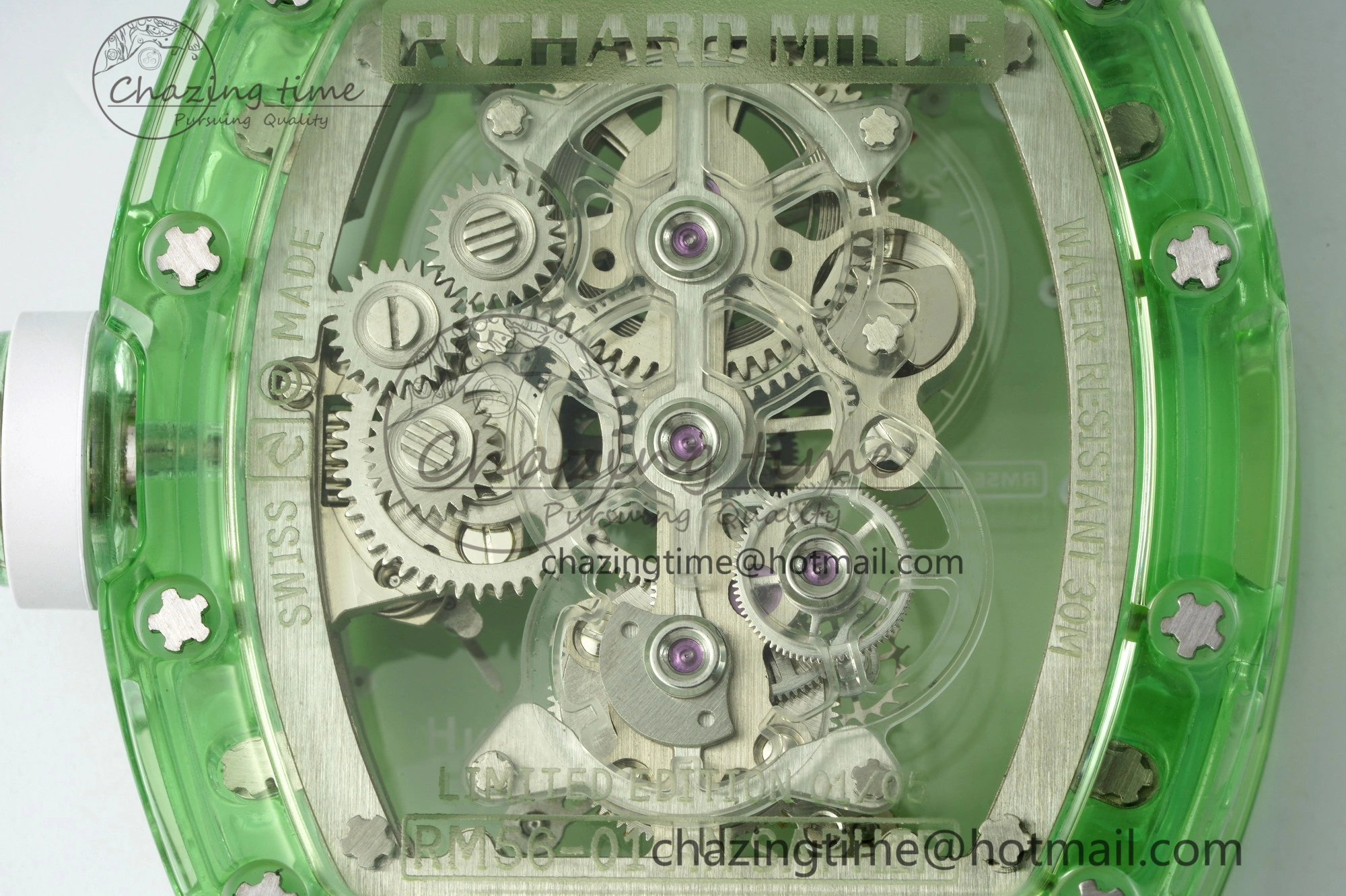 RM56-01 Green Transparent Tourbillon RMF Best Edition Skeleton Dial on White Rubber Strap